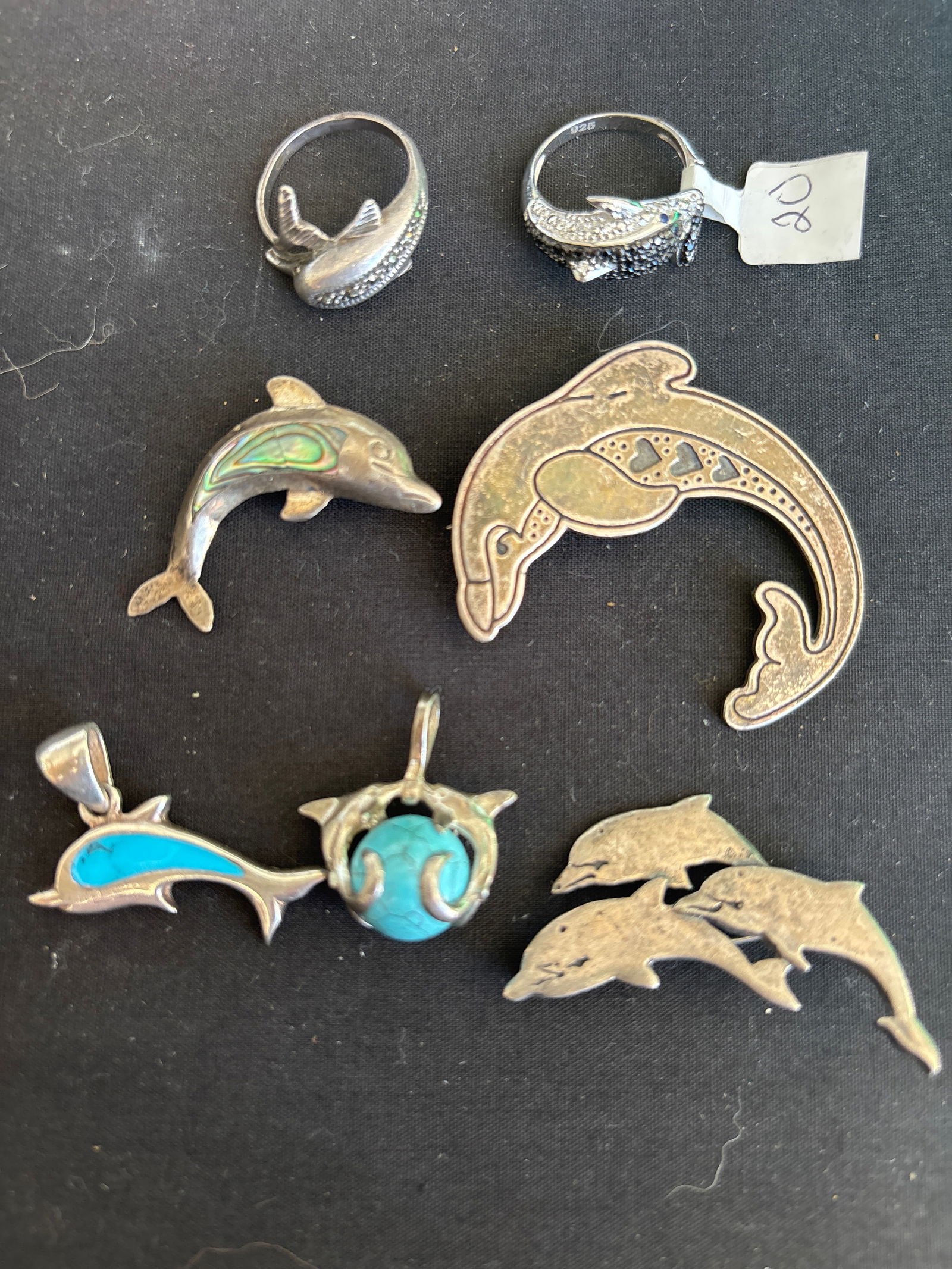 Seven pieces assorted dolphin shape pins, pendants & rings sterling silver; 34 grams (1 of 7)