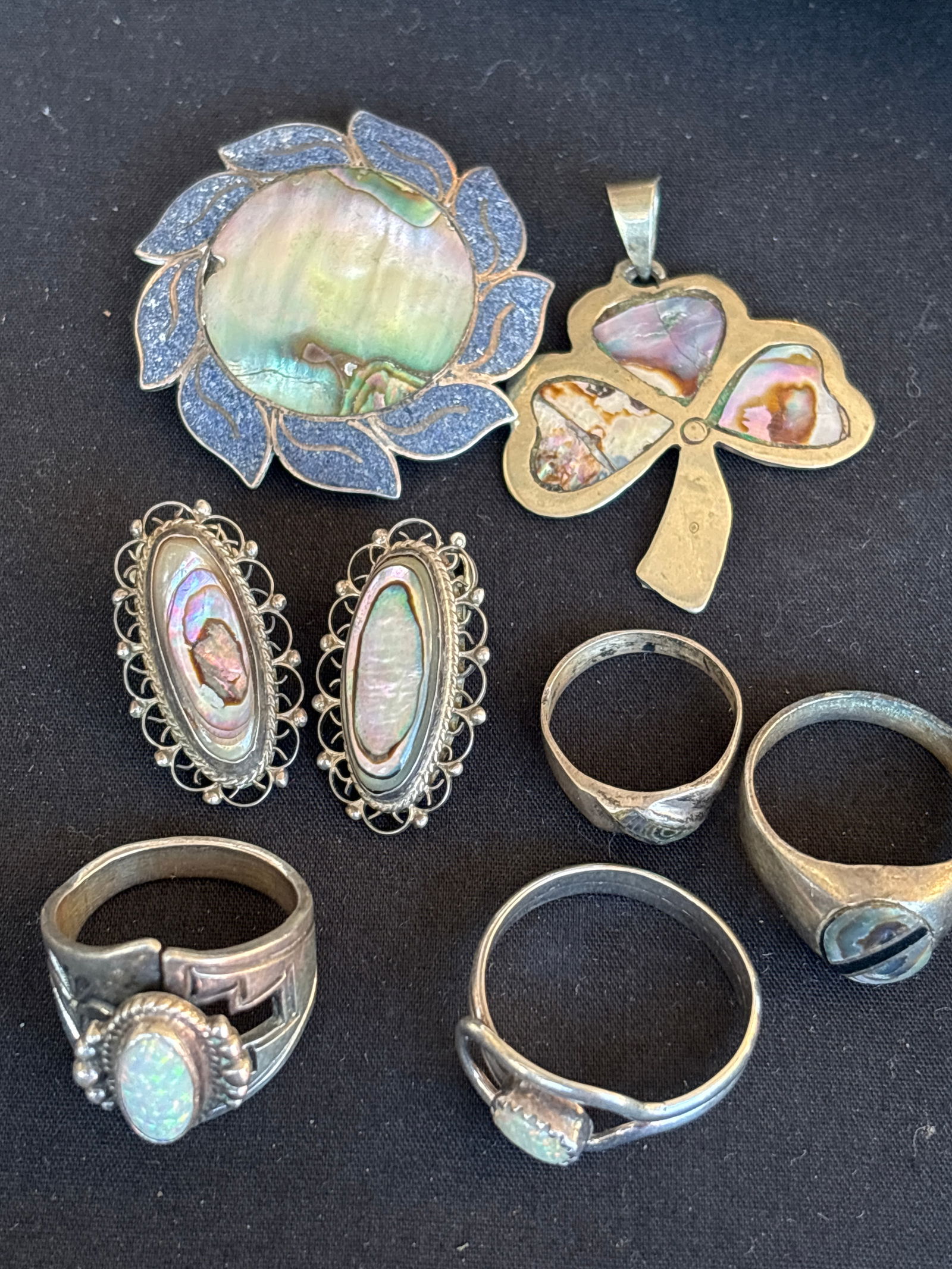 Eight vintage Native or Mexican sterling silver& M.O.P. Etc. rings, pendants & earrings; 37 grams (1 of 9)