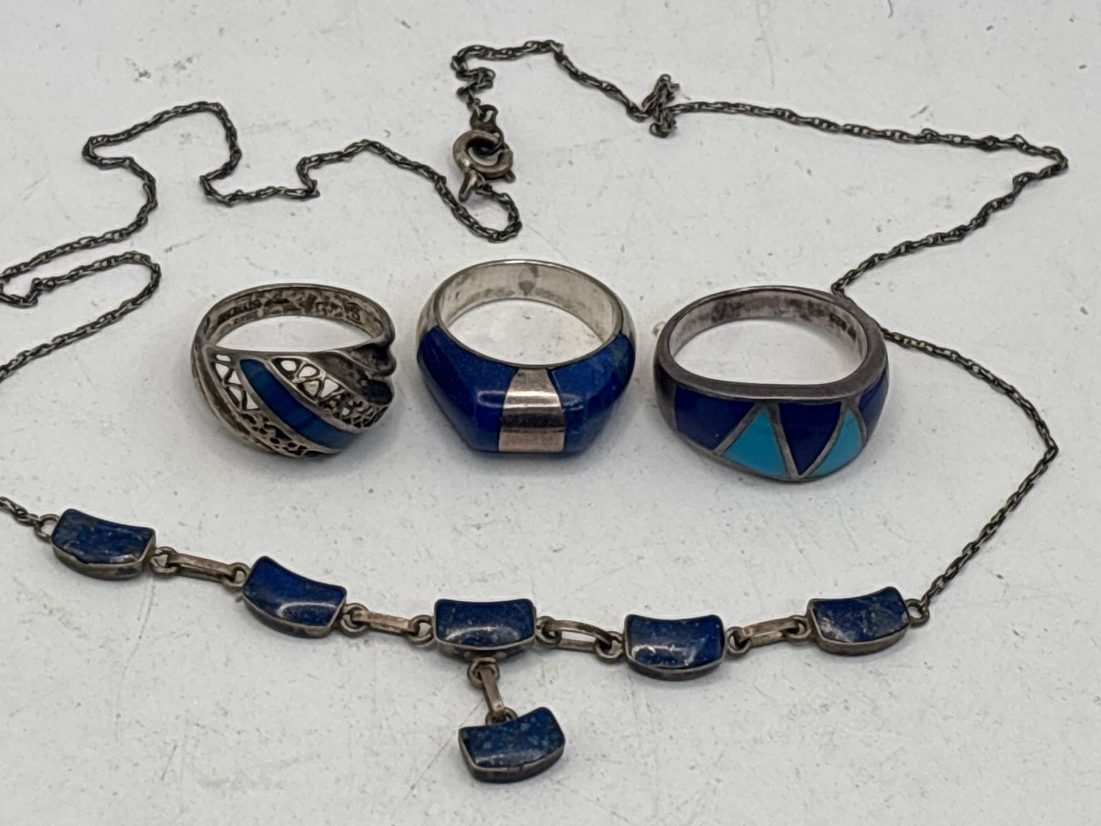 Four pieces vintage blue stone & sterling silver rings & necklace; 20 grams (1 of 6)