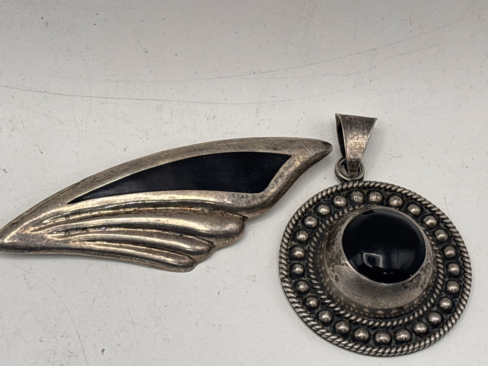 Two vintage Mexican black stone inset & sterling silver brooch/pin & pendant; 47 grams. (1 of 7)