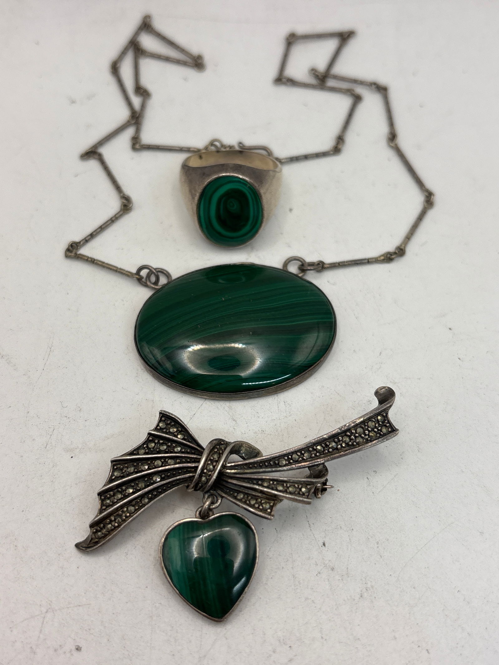 Three pieces green Malachite sterling silver lot; 49 grams. (1 of 9)