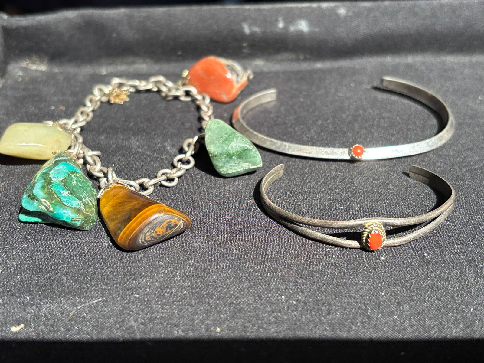 Three semi-precious stone handmade vintage Sterling silver bracelets; 57 grams total (1 of 9)