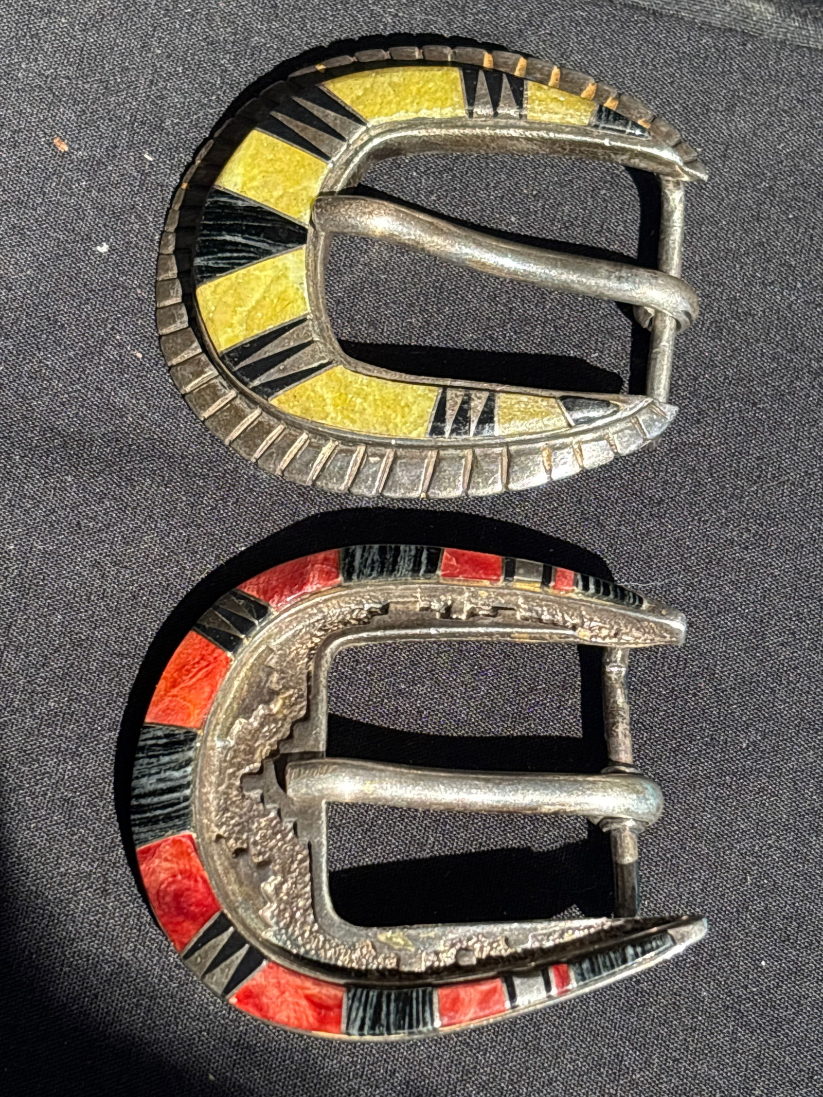 Two Navajo ‘Begay’ signed handcrafted inlay & sterling silver belt buckles; 65 grams (1 of 10)
