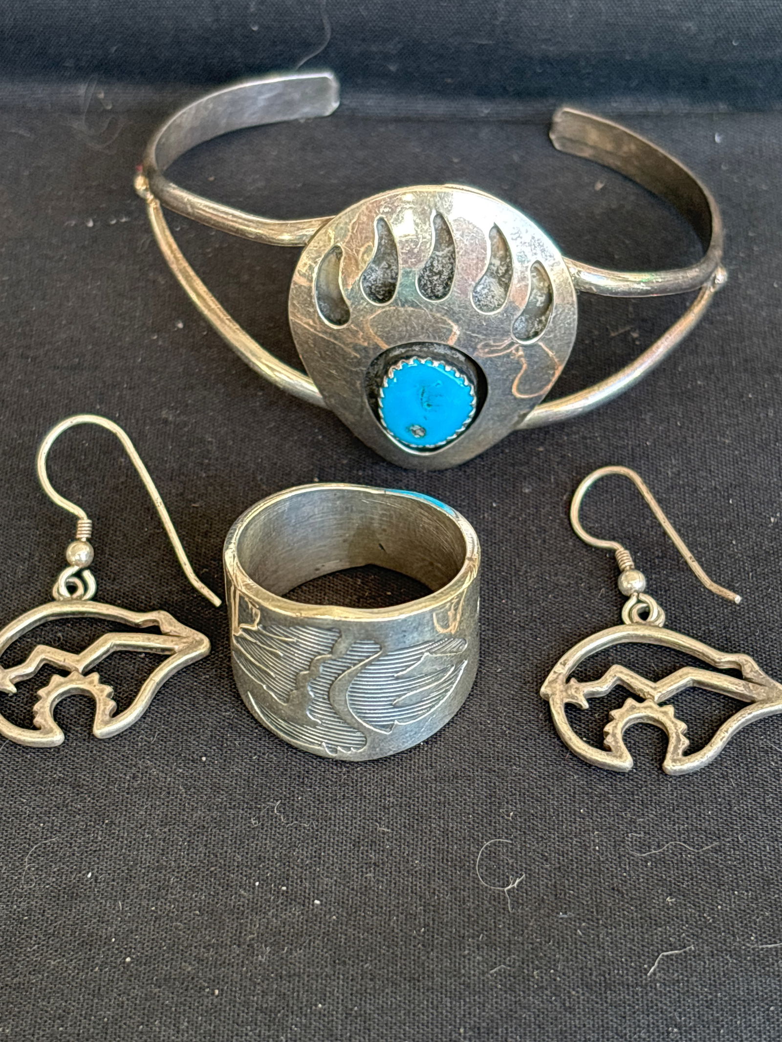 Hopi turquoise handcrafted sterling silver ring, earrings & bracelet; 28 grams (1 of 7)