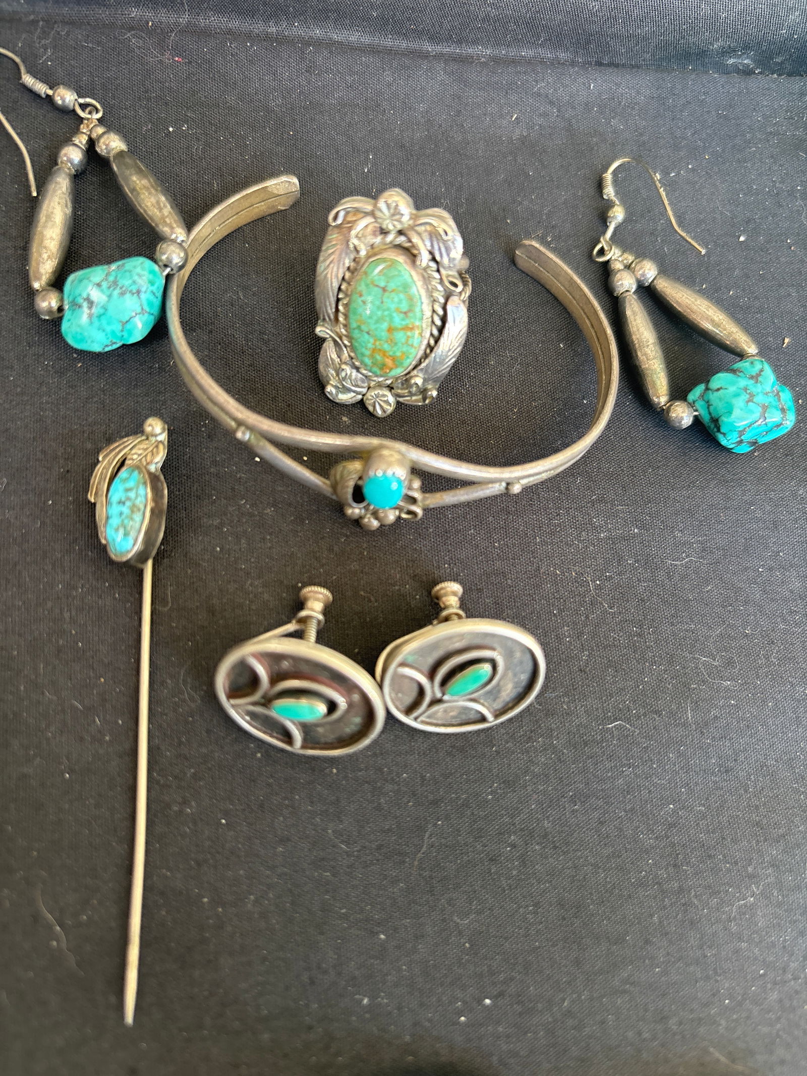 Navajo turquoise handcrafted sterling silver stick pin, ring, earrings & bracelet; 39 grams (1 of 9)