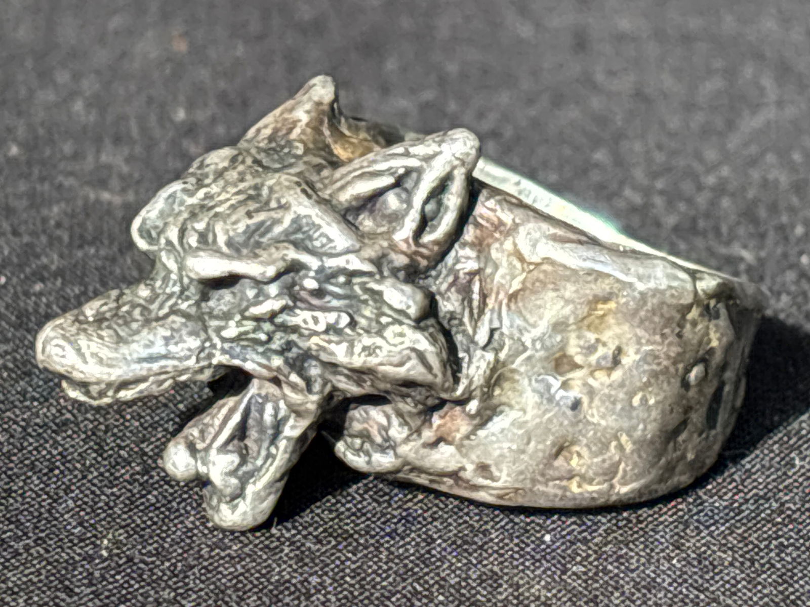 Large wolf form handcrafted sterling silver ring; 22 grams (1 of 8)