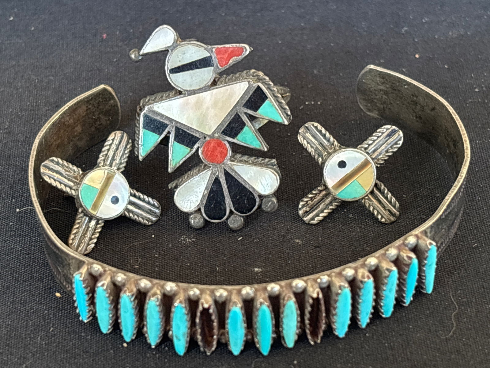 Southwestern Zuni handcrafted inset stone & sterling ring, earrings & bracelet; grams (1 of 8)