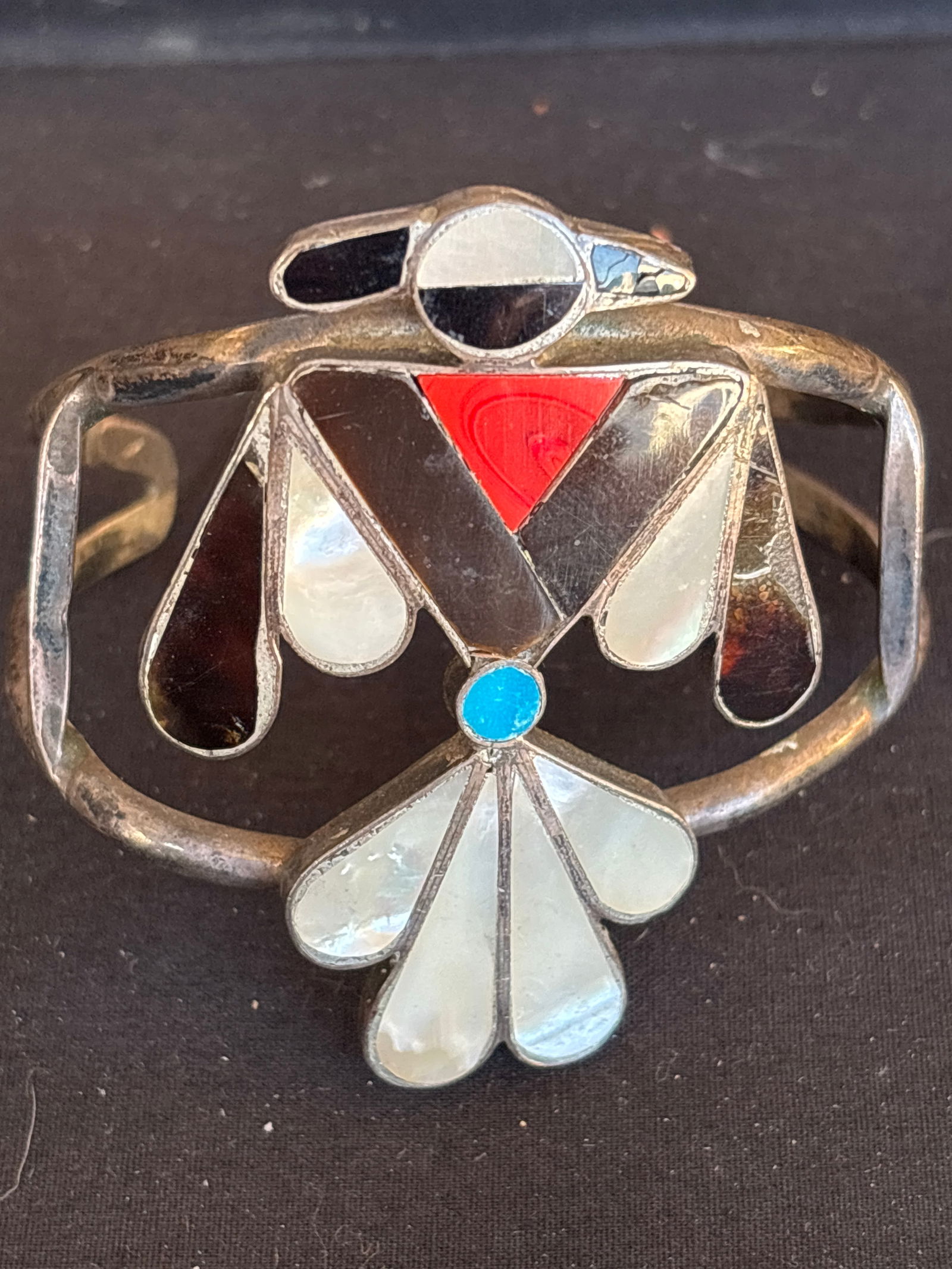 Large Southwestern Zuni handcrafted inset stone & sterling silver cuff bracelet; 40 grams (1 of 8)