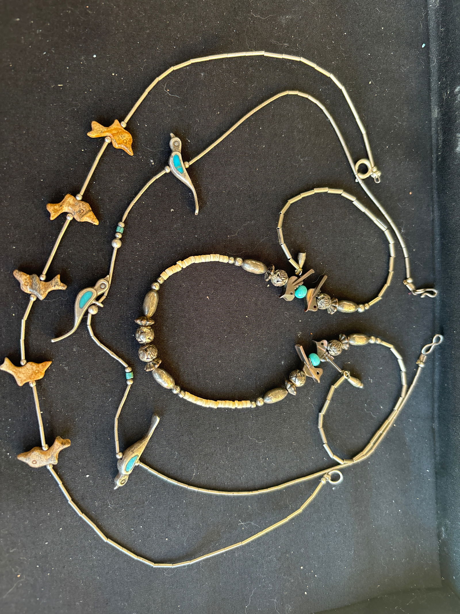 vintage Native American Navajo turquoise and sterling silver beaded necklace with "fetish" charms (1 of 9)