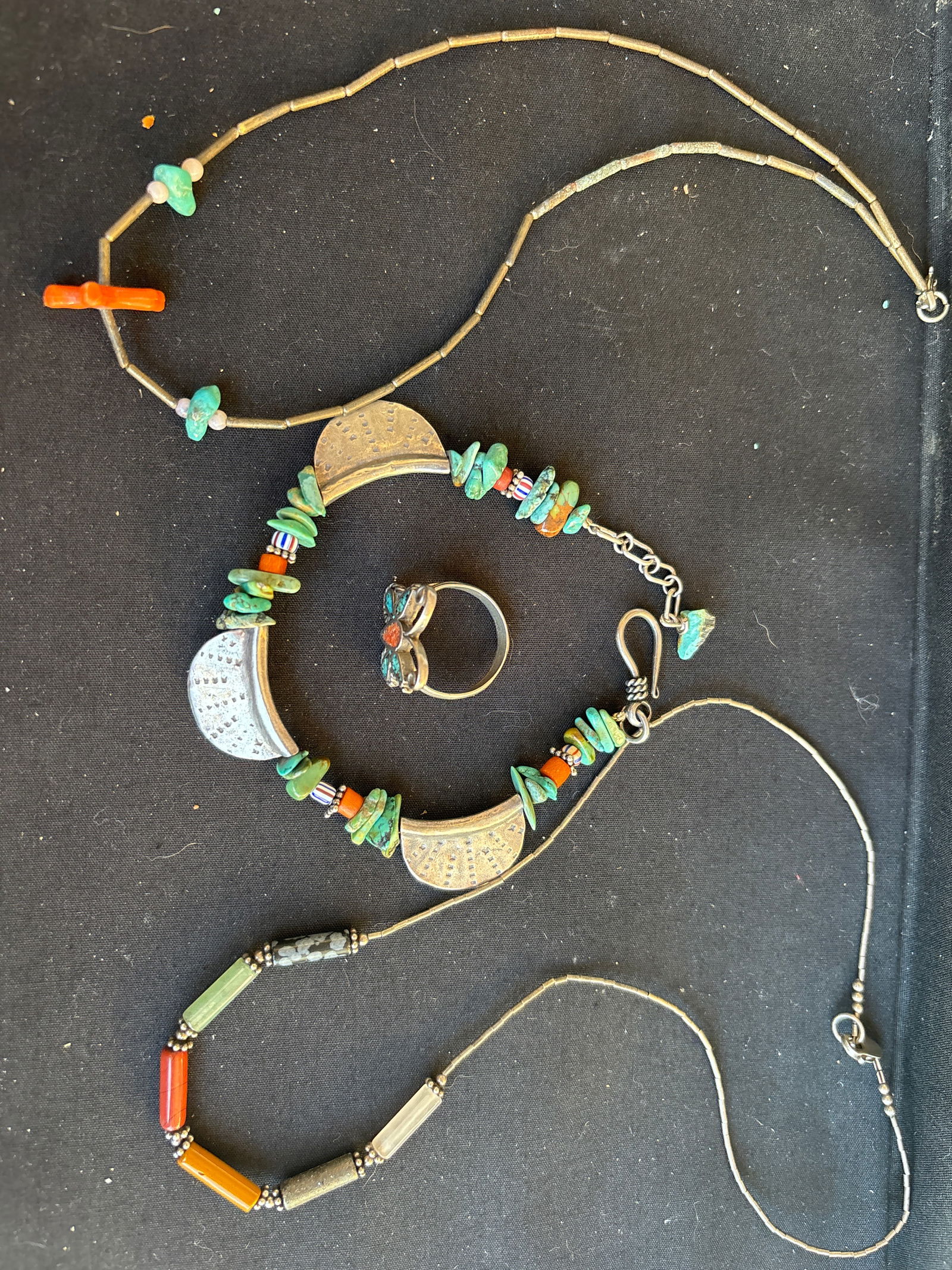 Four vintage Native American turquoise and sterling silver beaded necklaces, ring & bracelet (1 of 9)