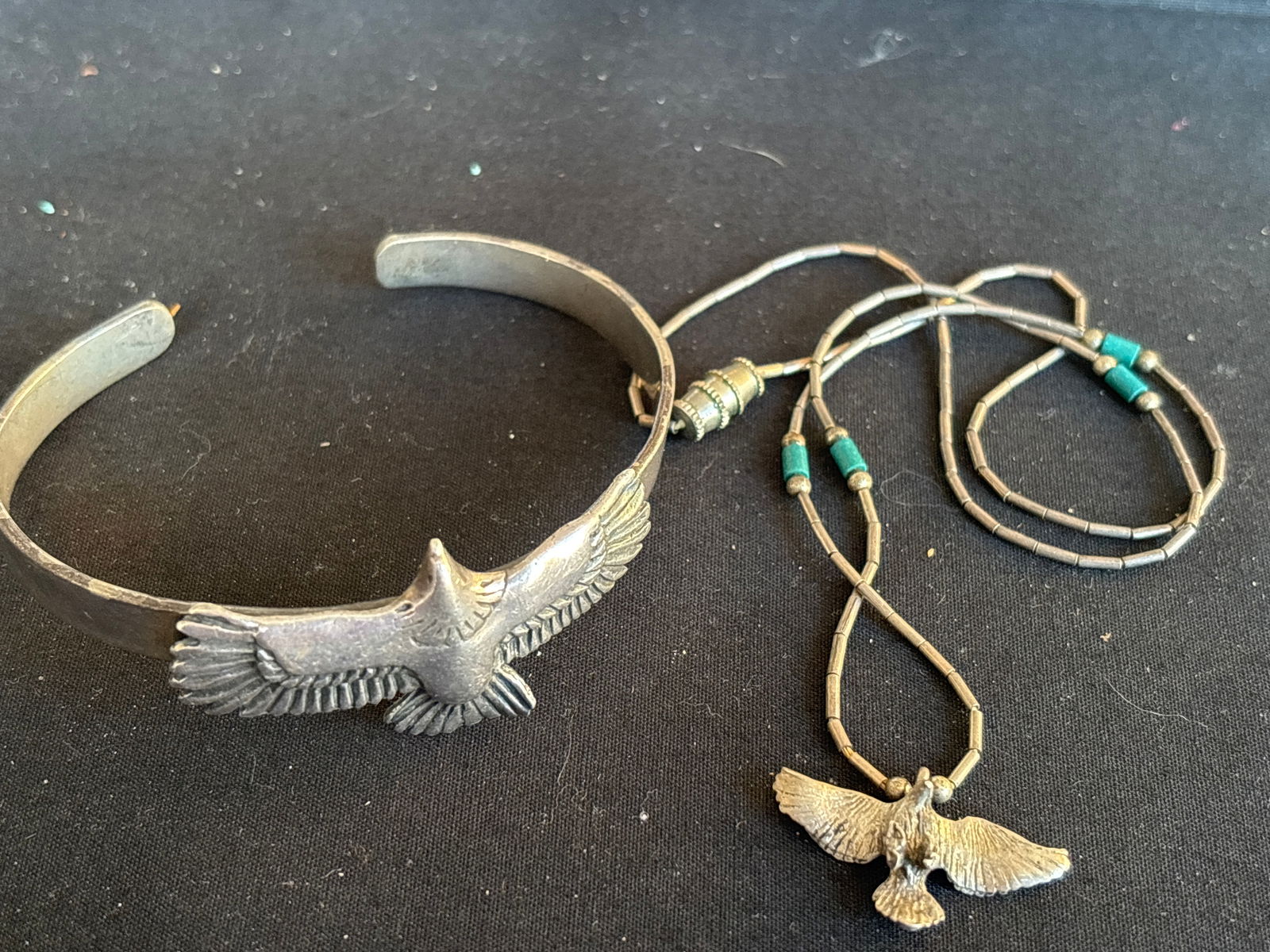 vintage Native American Eagle design sterling silver cuff bracelet & necklace; 28 grams (1 of 9)