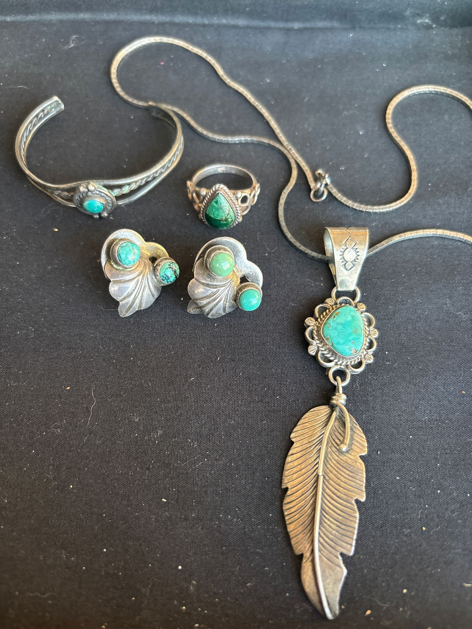 Five piece vintage Native turquoise & sterling silver bracelet, necklace, ring , earrings; 41 grams (1 of 10)