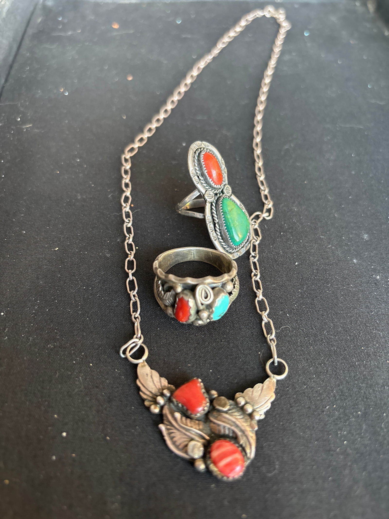 vintage Native American turquoise & sterling silver necklace & rings; 24 grams (1 of 9)