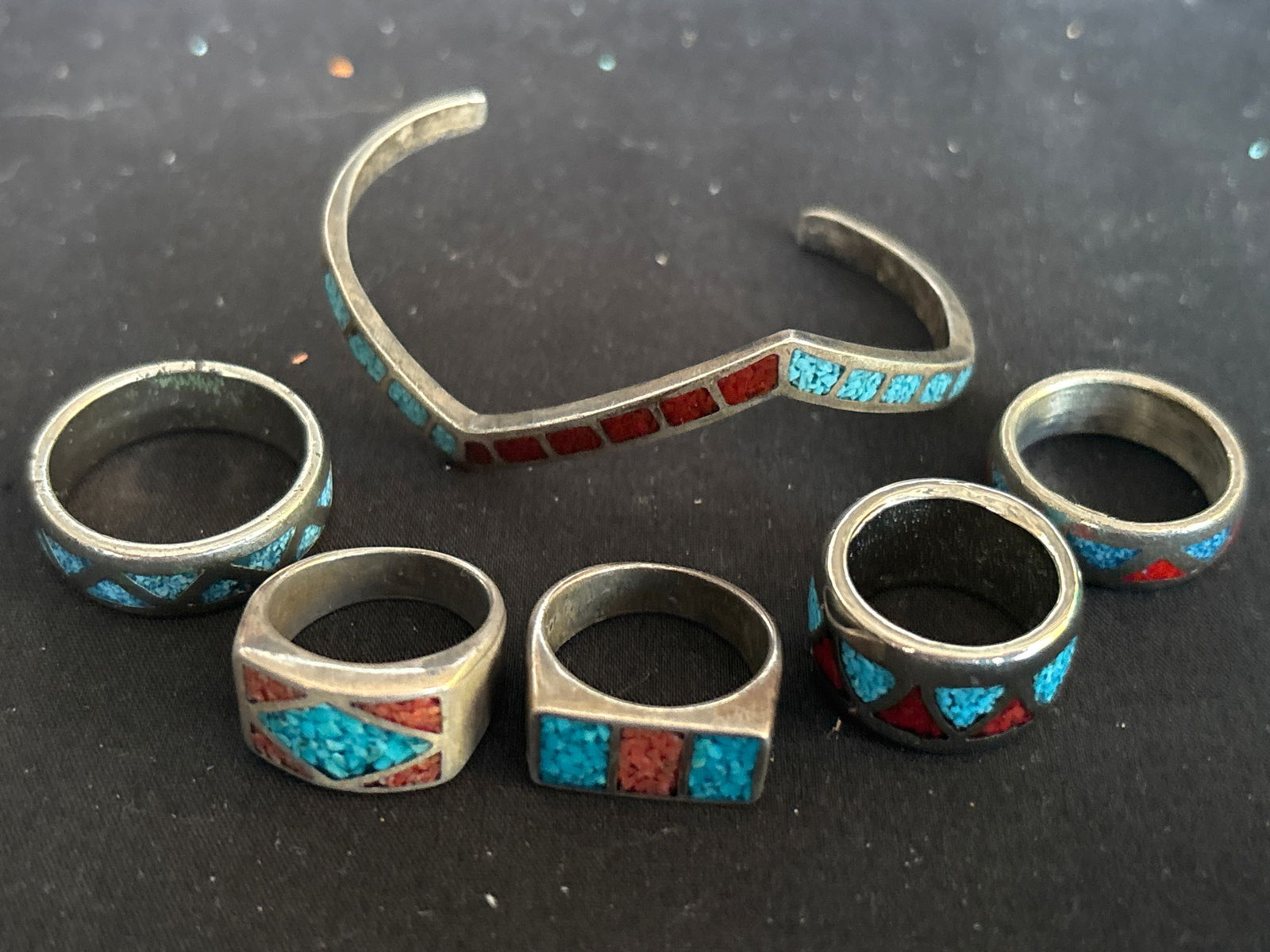 Six vintage Native American turquoise & sterling silver bracelet & rings; 47 grams (1 of 7)