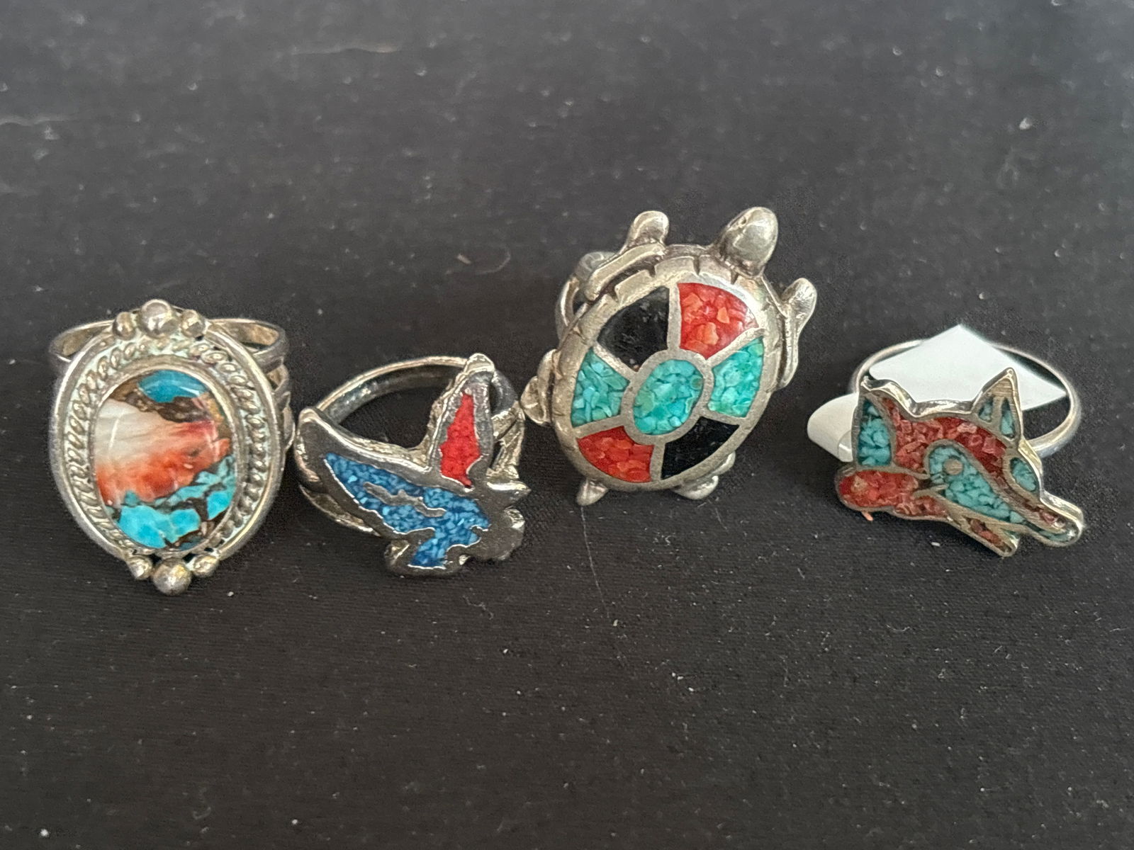 Four animal design Native American turquoise, coral & sterling silver rings; 25 grams (1 of 8)