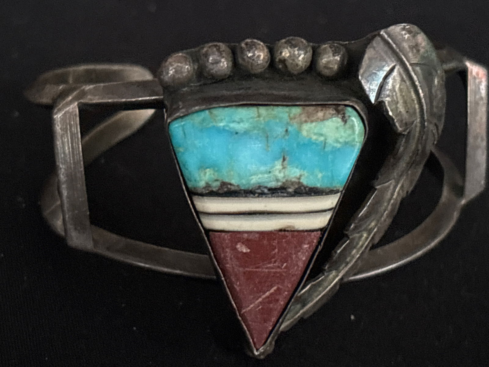 large Vintage Native American Zuni inset stone & sterling silver cuff bracelet; 40 grams (1 of 8)