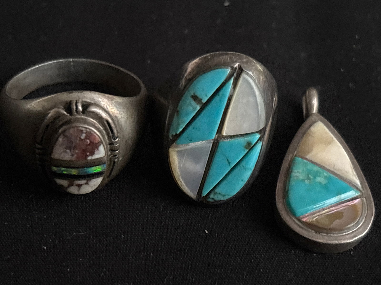 Three Vintage Native American Zuni inset stone & sterling silver rings & pendant; 36 grams (1 of 9)