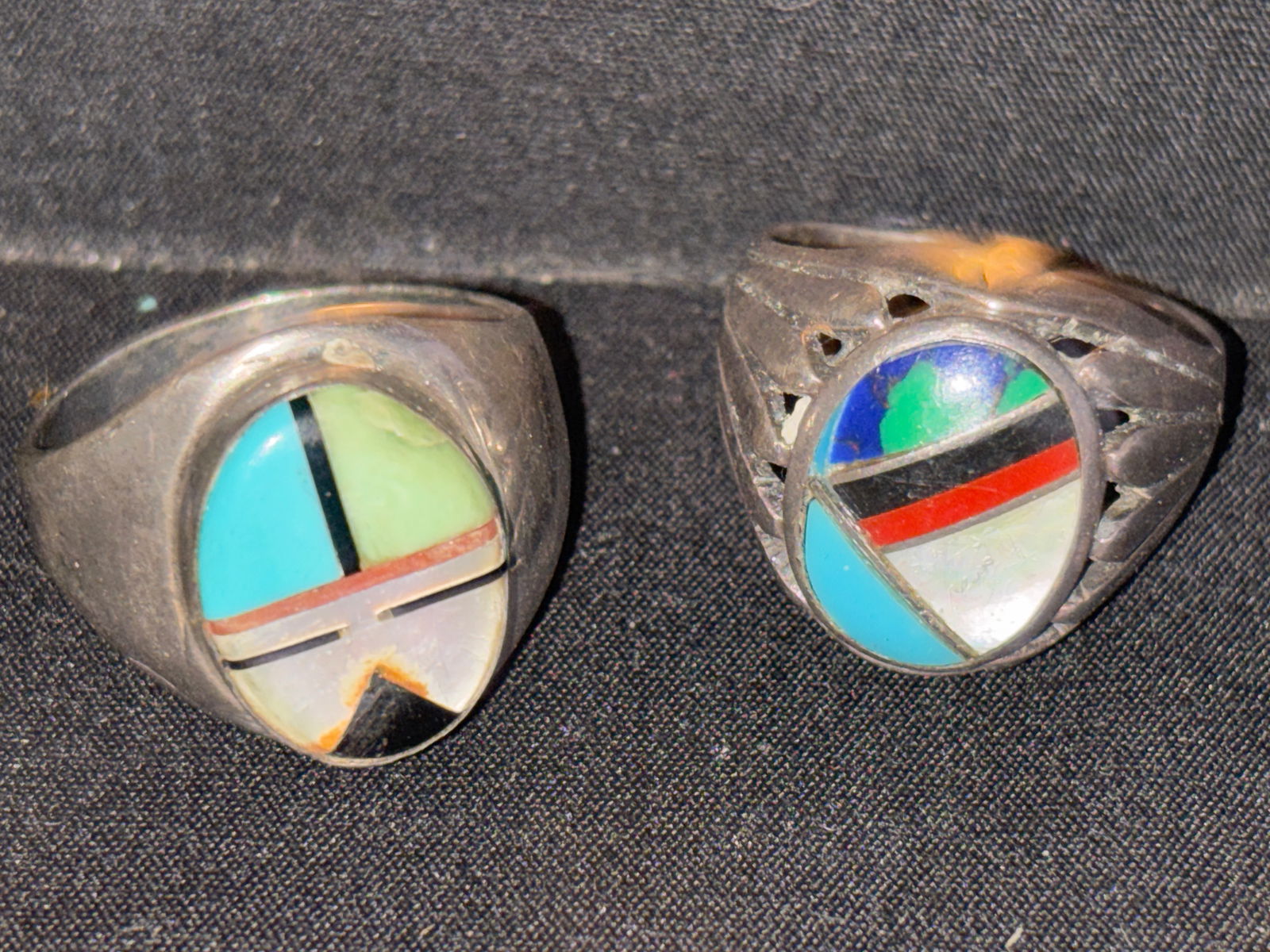 Two Native American Zuni inset stone & sterling silver rings; 20 grams (1 of 8)