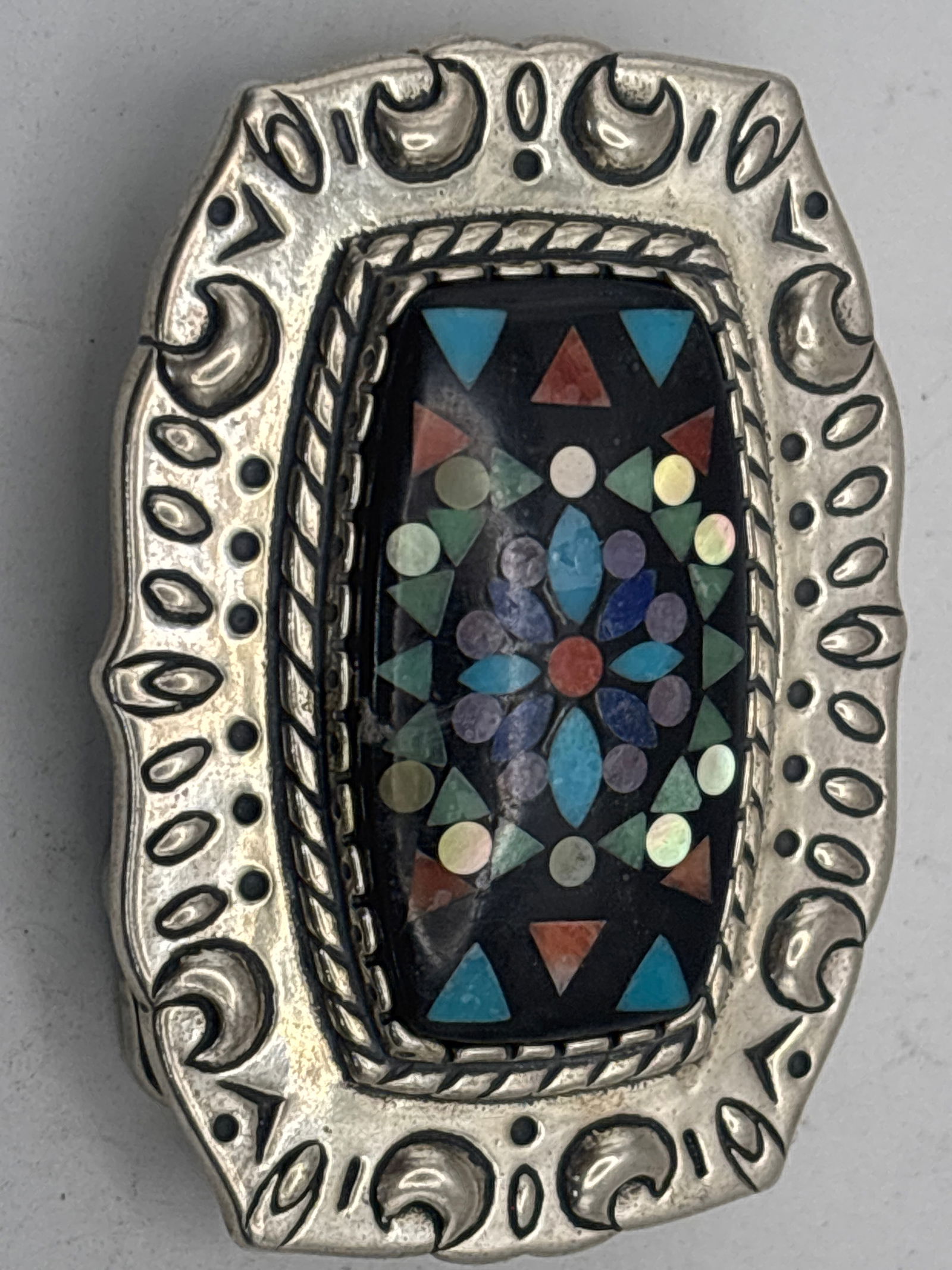 Vintage Native American mosaic inlay design & sterling silver belt buckle; 34 grams (1 of 8)
