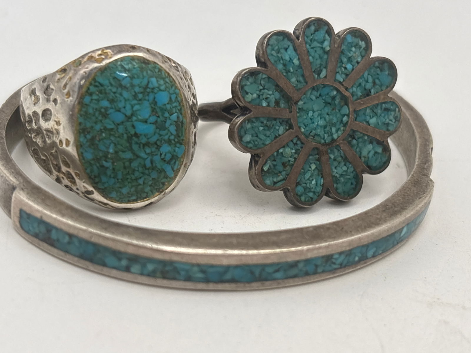 Three Native American turquoise & sterling silver rings & cuff bracelet; 34 grams (1 of 9)