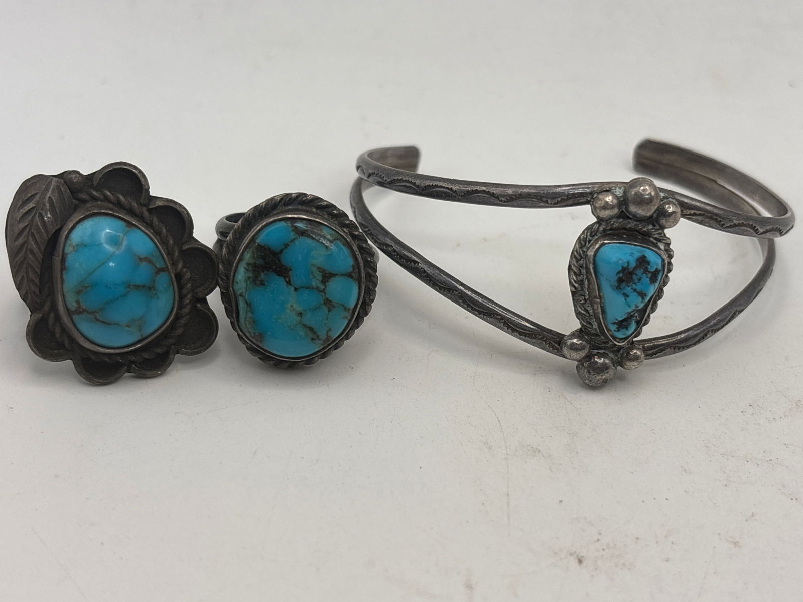 Three Native American turquoise & sterling silver rings & bracelet ; 39 grams (1 of 7)
