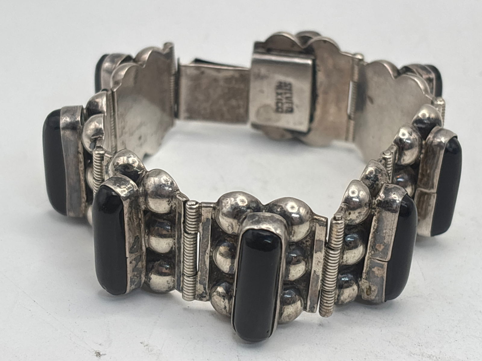 Big Mexican black jet stone inset Sterling silver design bracelet ; 60 grams (1 of 9)