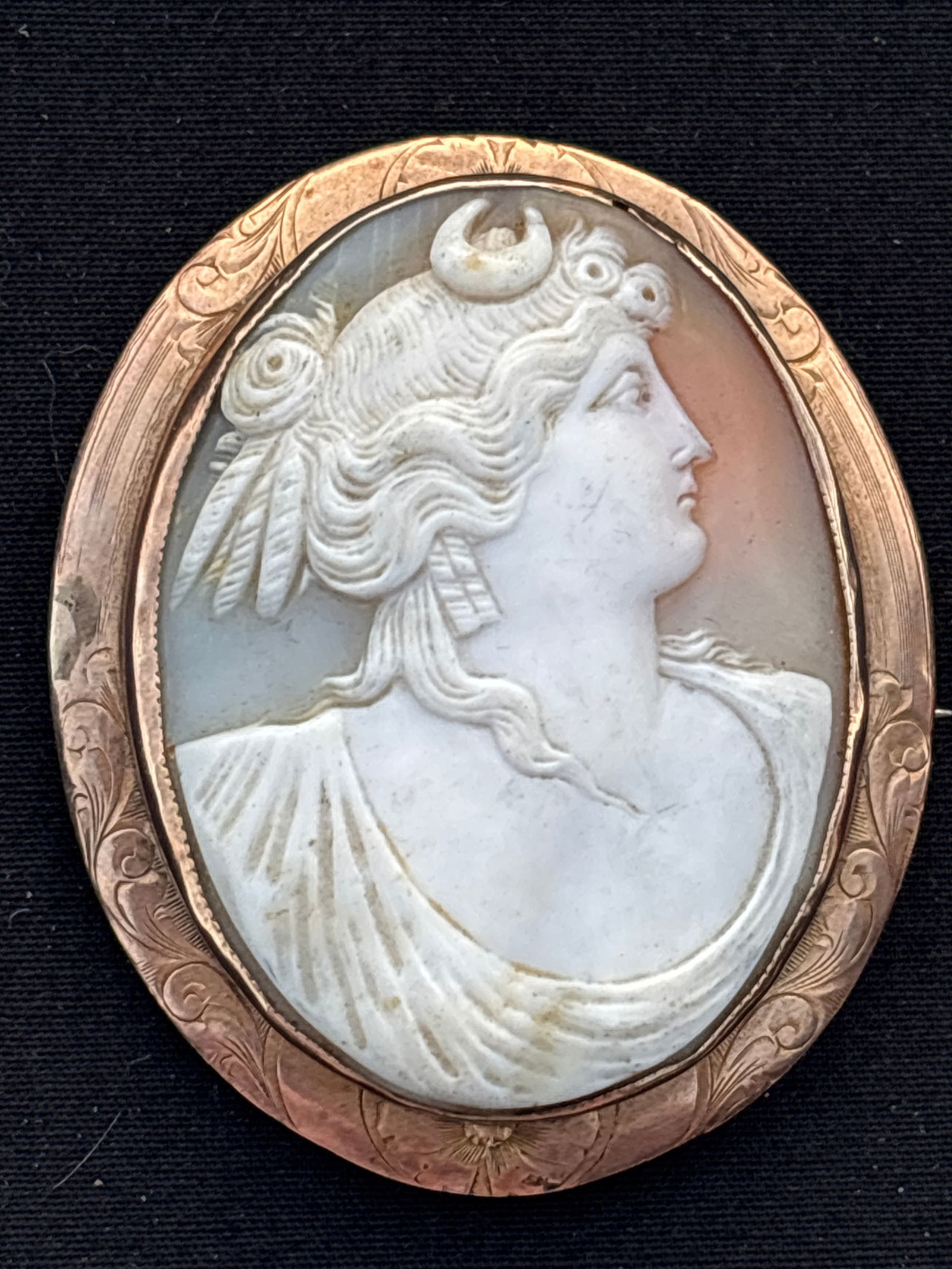 Large Victorian 10 gold shell carved woman’s portrait cameo 2&1/4 inch brooch; 14 grams (1 of 8)