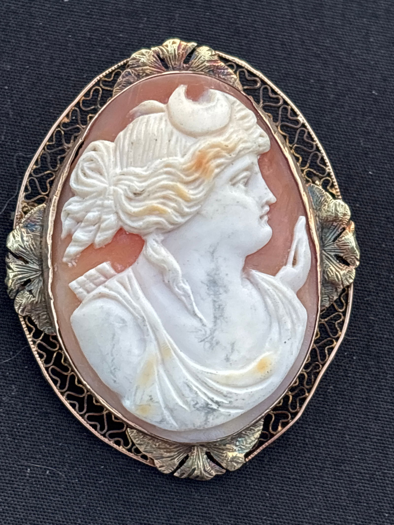 Nice Vict. 14 k gold framed shell carved portrait brooch/pin; 14 grams (1 of 8)