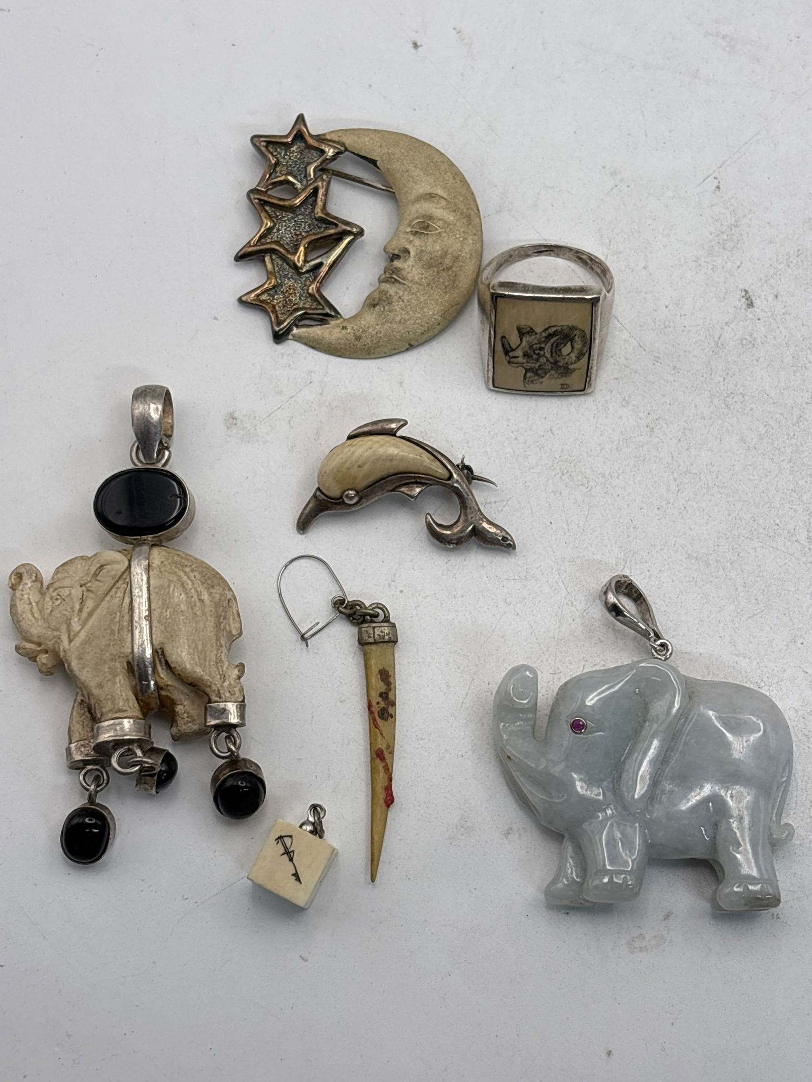 Antique group of seven bone/sterling silver pendant, ring & a jade elephant (1 of 9)