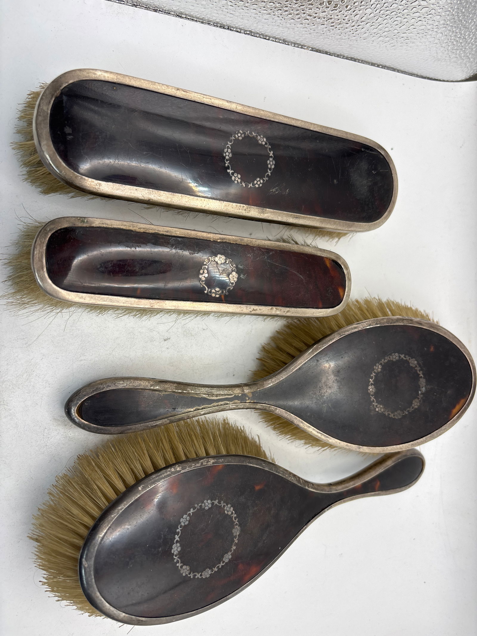 Antique four piece sterling silver & shell handled mirror & brush set (1 of 9)