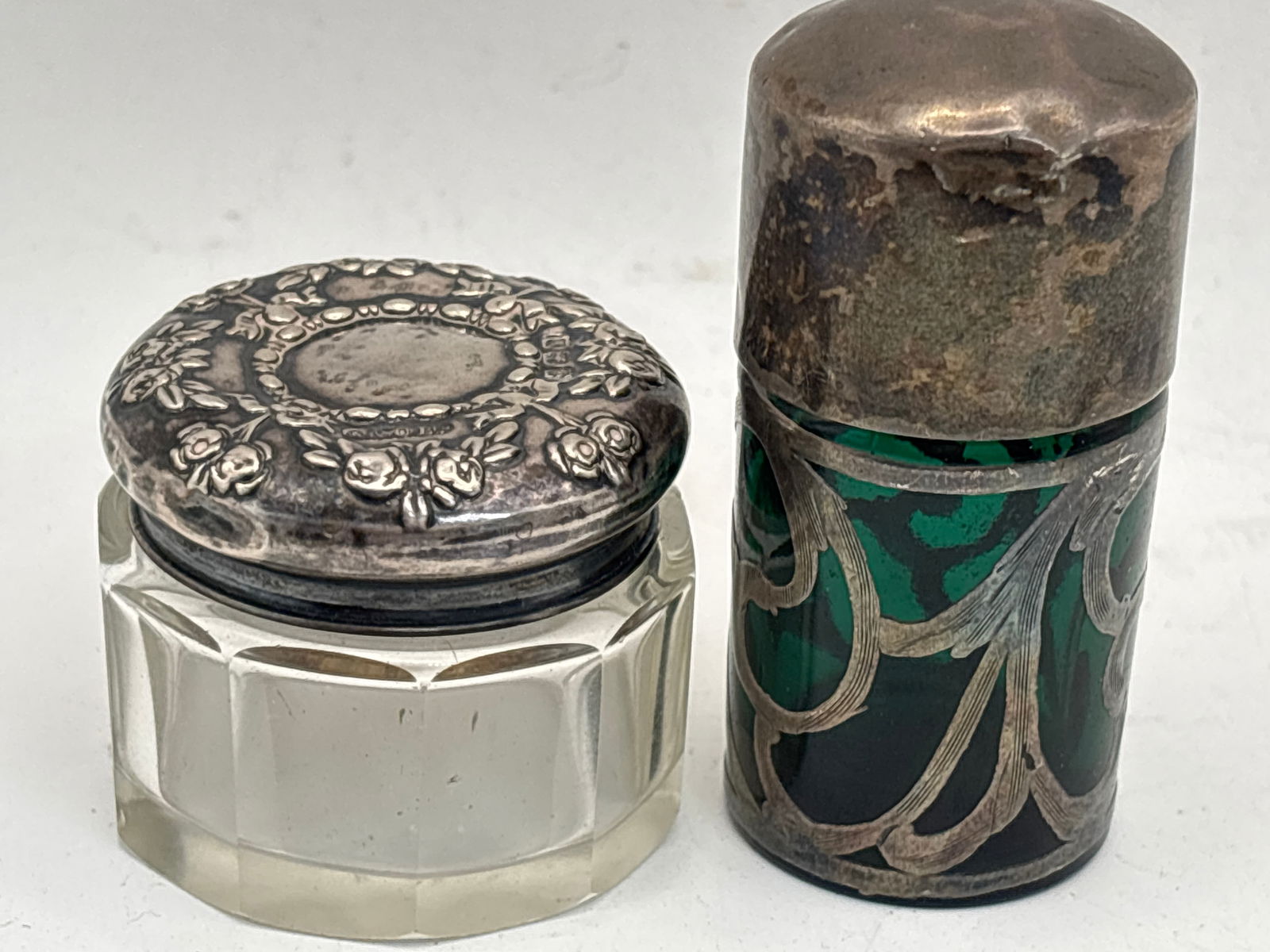 Two sterling silver & glass Victorian small dresser jars; 12 grams lids (1 of 8)