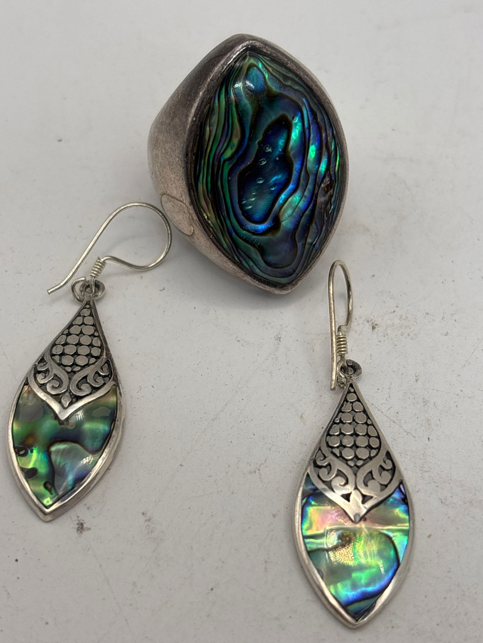 Large sterling silver & abalone shell ring & earrings; 20 grams (1 of 8)