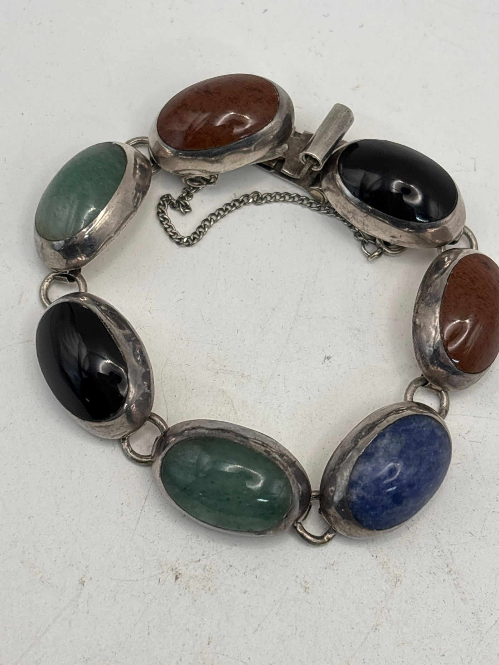 Vintage colored stone inset sterling silver 6 inch wrist bracelet; 42 grams inclusive (1 of 7)