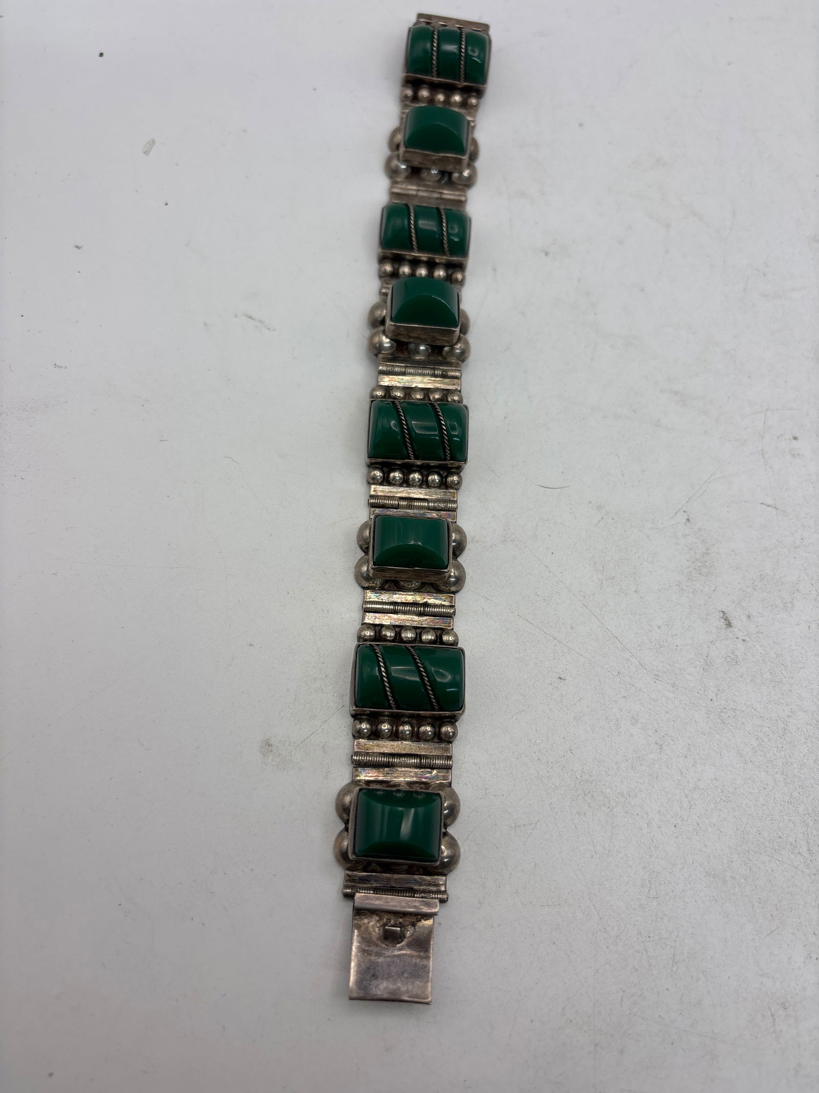 Nice handcrafted sterling silver Mexican green onyx link bracelet ; 64 grams (1 of 8)