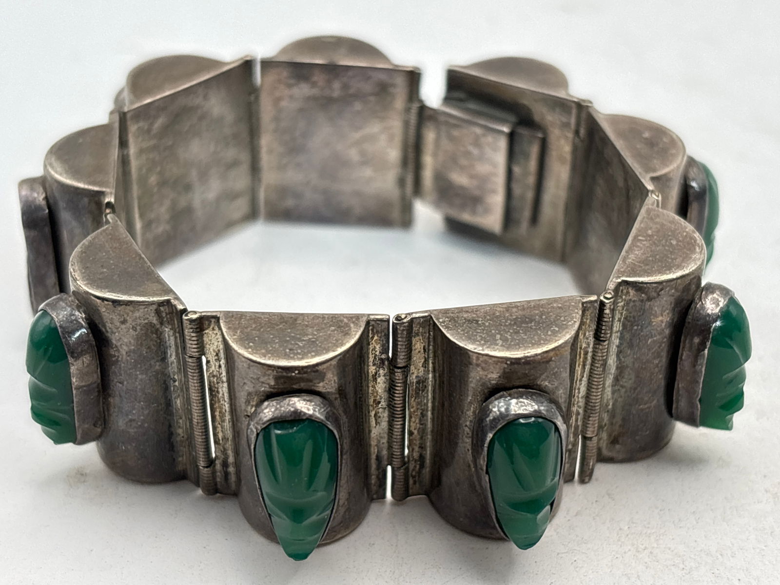 vintage Mexican sterling silver panel bracelet w/carved green onyx Aztec warrior masks; 50 grams (1 of 8)