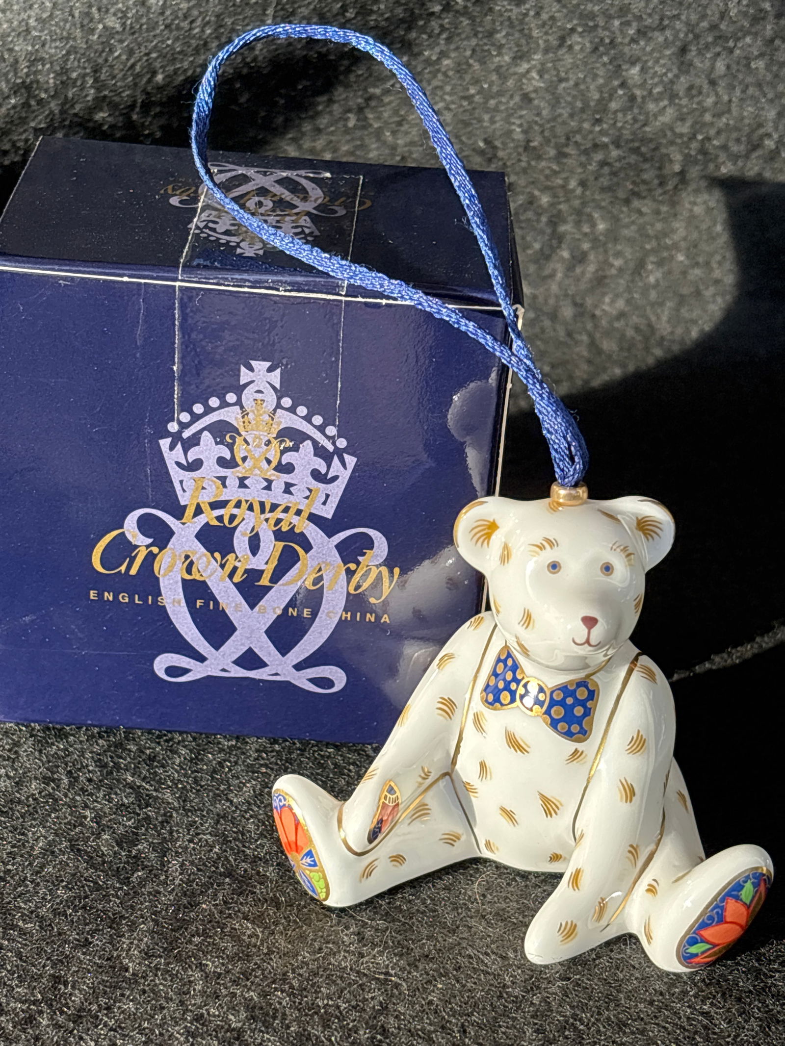 1997 Bear ornament Royal Crown Derby English 2&1/4 inch figurine: Royal Crown Derby Miniature Teddy Bear figurine, likely the "Victoria" or "Edward" variant. It is part of the Royal Crown Derby "Miniature Bear Collection". The figurine is made of bone china and hand