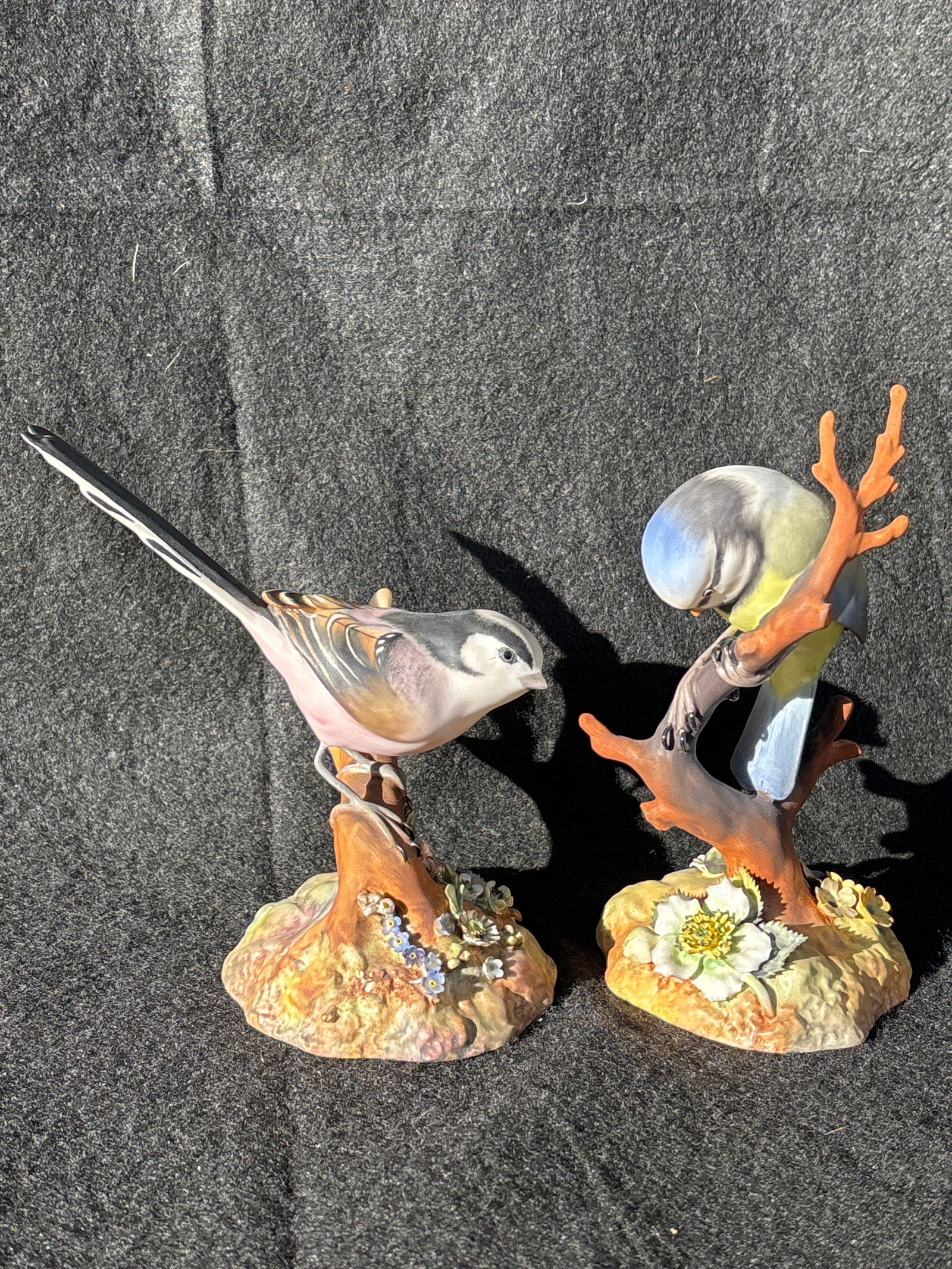 Two Artist signed ‘Blue Tit’ bird 6&1/2 inch statue Royal Crown Derby England: Artist signed ‘Blue Tit’ bird 6&1/2 inch statue Royal Crown Derby England. No box. Hand painted with delicate beautiful flowers. Very good condition. Along with a ‘Long Taiked Tit’ that appear