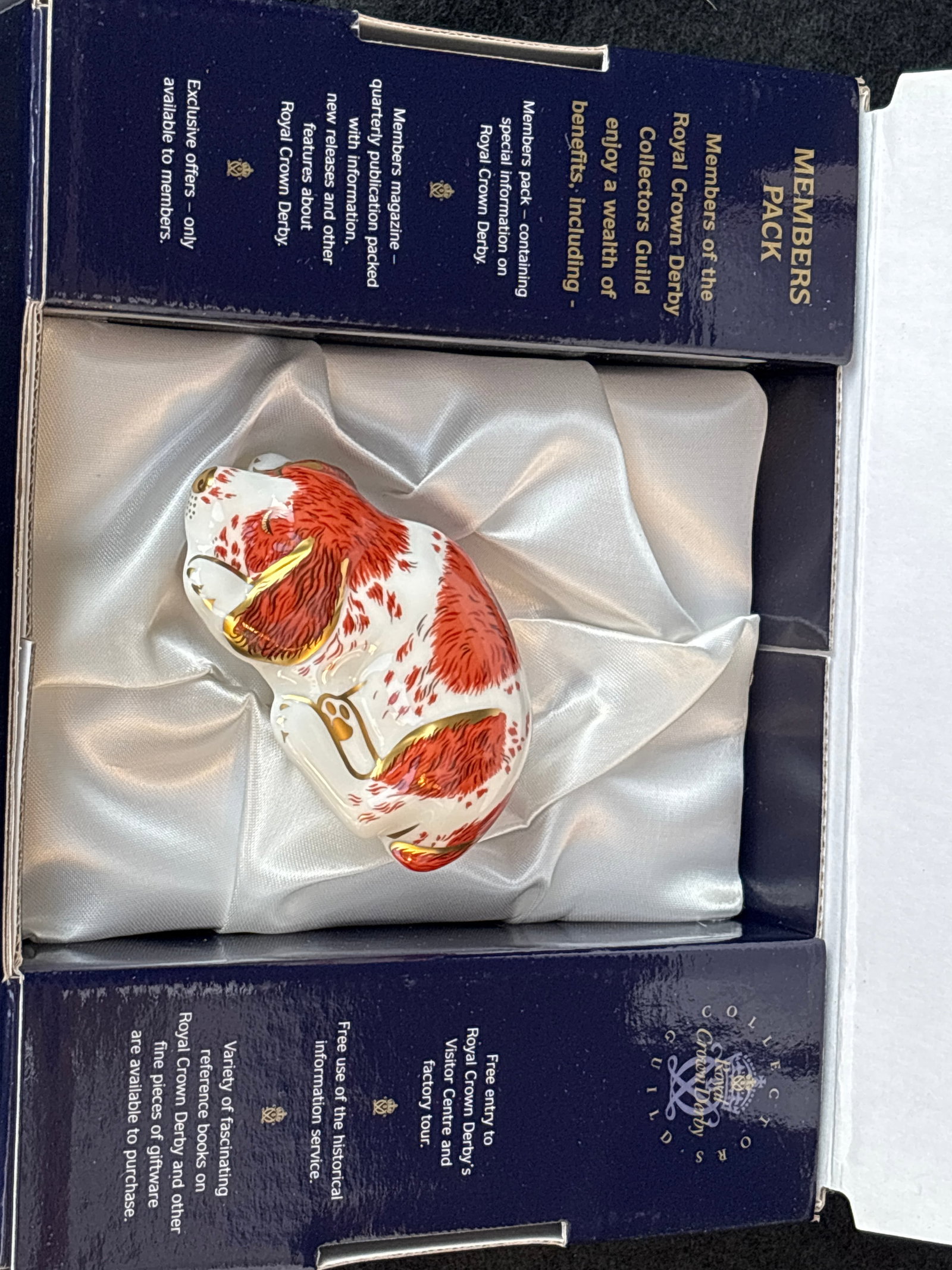 2000 Collectors Guild ‘Puppy’ Royal Crown Derby 2&3/4 inch paperweight: Royal Crown Derby Puppy paperweight, crafted from fine bone china and featuring the brand's traditional Imari pattern in orange, white, and gold accents. It was a Collectors Guild exclusive piece, ava