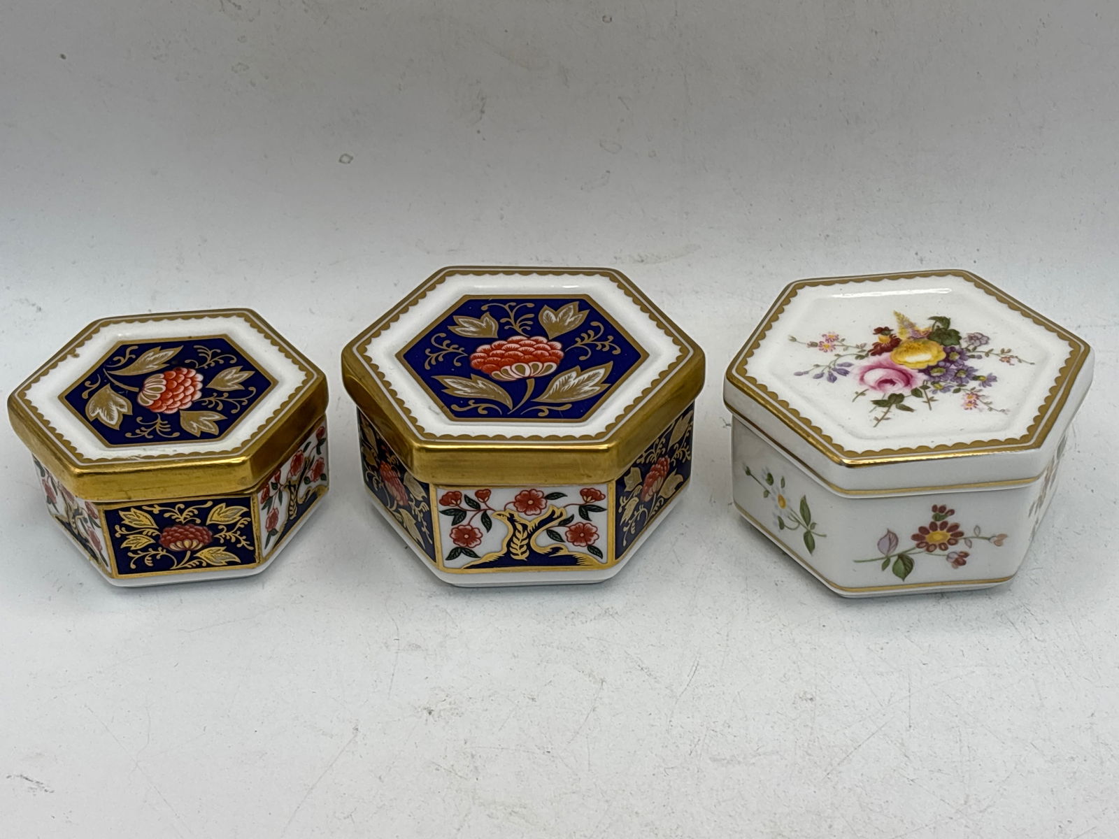 Three Royal Crown Derby 2&1/2 inch 6 sided covered boxes (1 of 6)