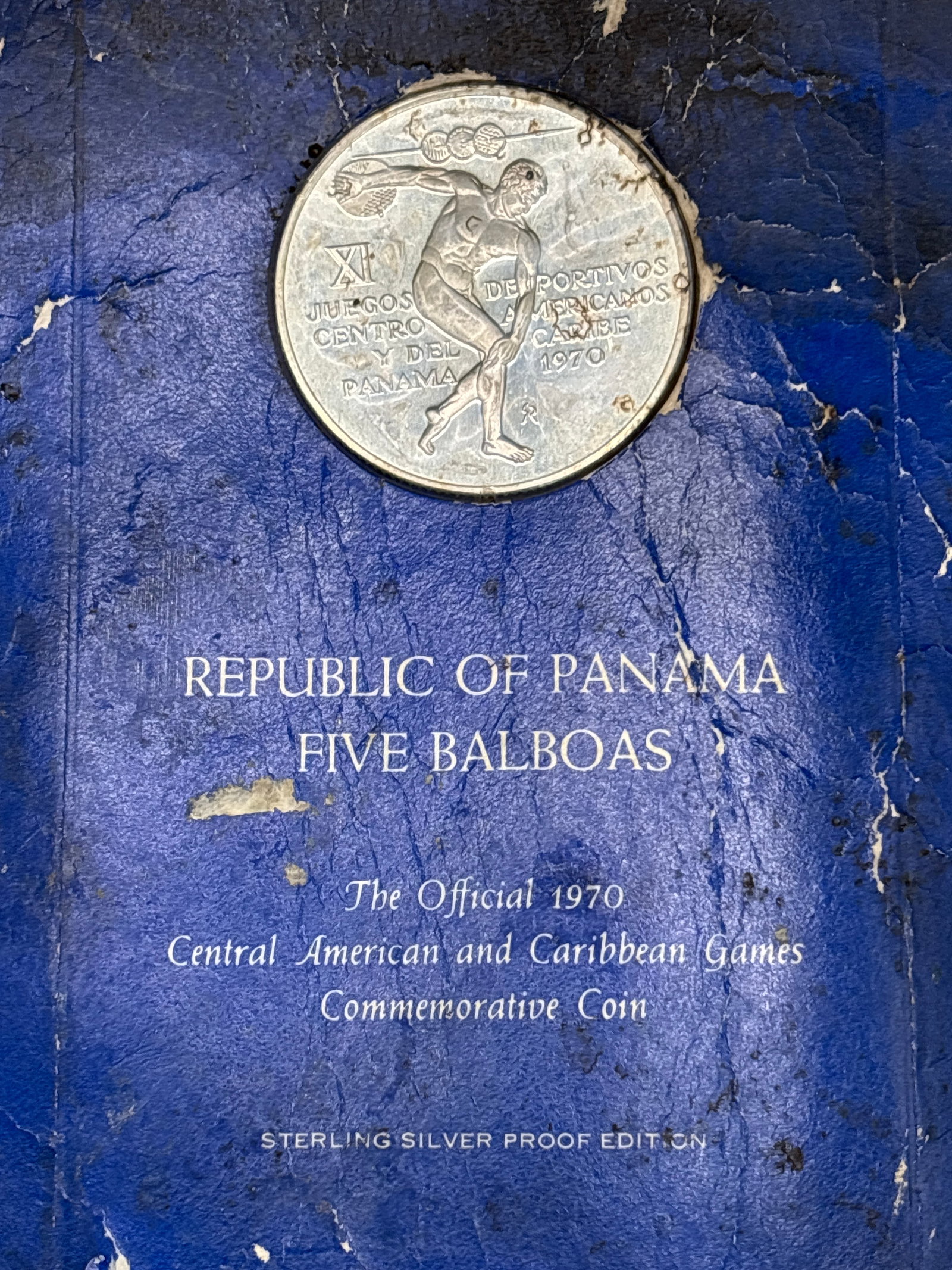 1970 Panama Five Balboas commemorative sterling silver proof coin; 1.16 Troy Ounce: a 1970 Panama Five Balboas commemorative sterling silver proof coin. Occasion: Issued for the XI Juegos Deportivos Centroamericanos y del Caribe (Central American and Caribbean Games) held in Panama. 