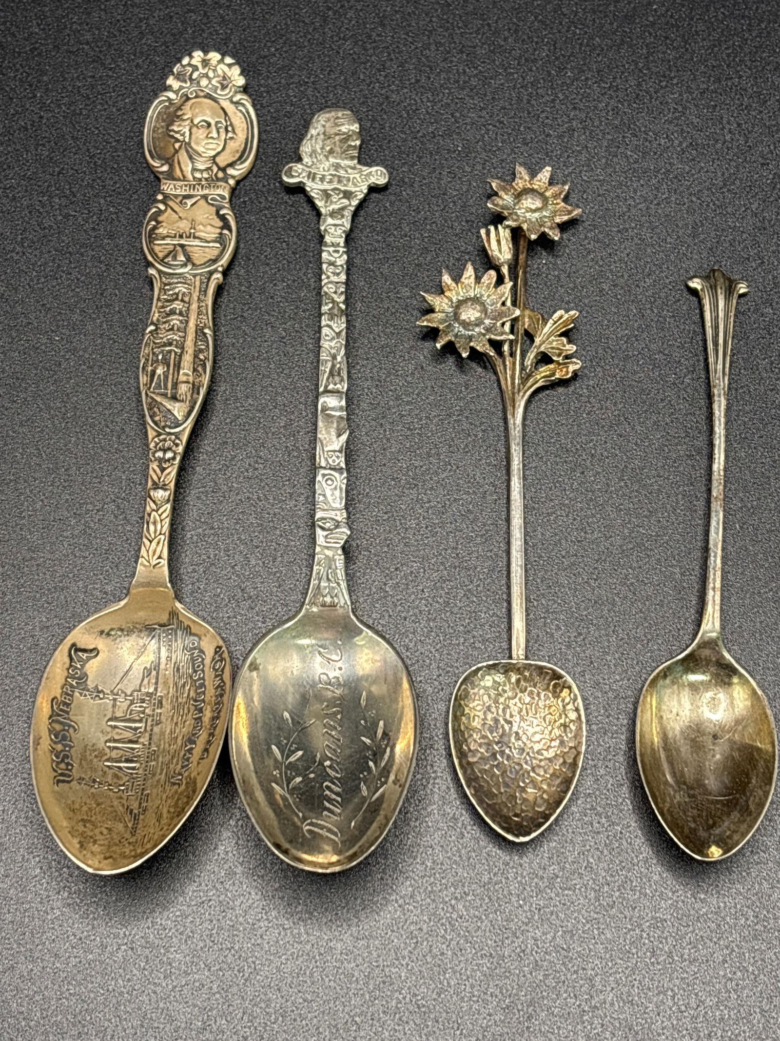 USS Nebraska, a Chief Kasko Totem & 2 other sterling silver souvenir spoons; 66 grams (1 of 8)