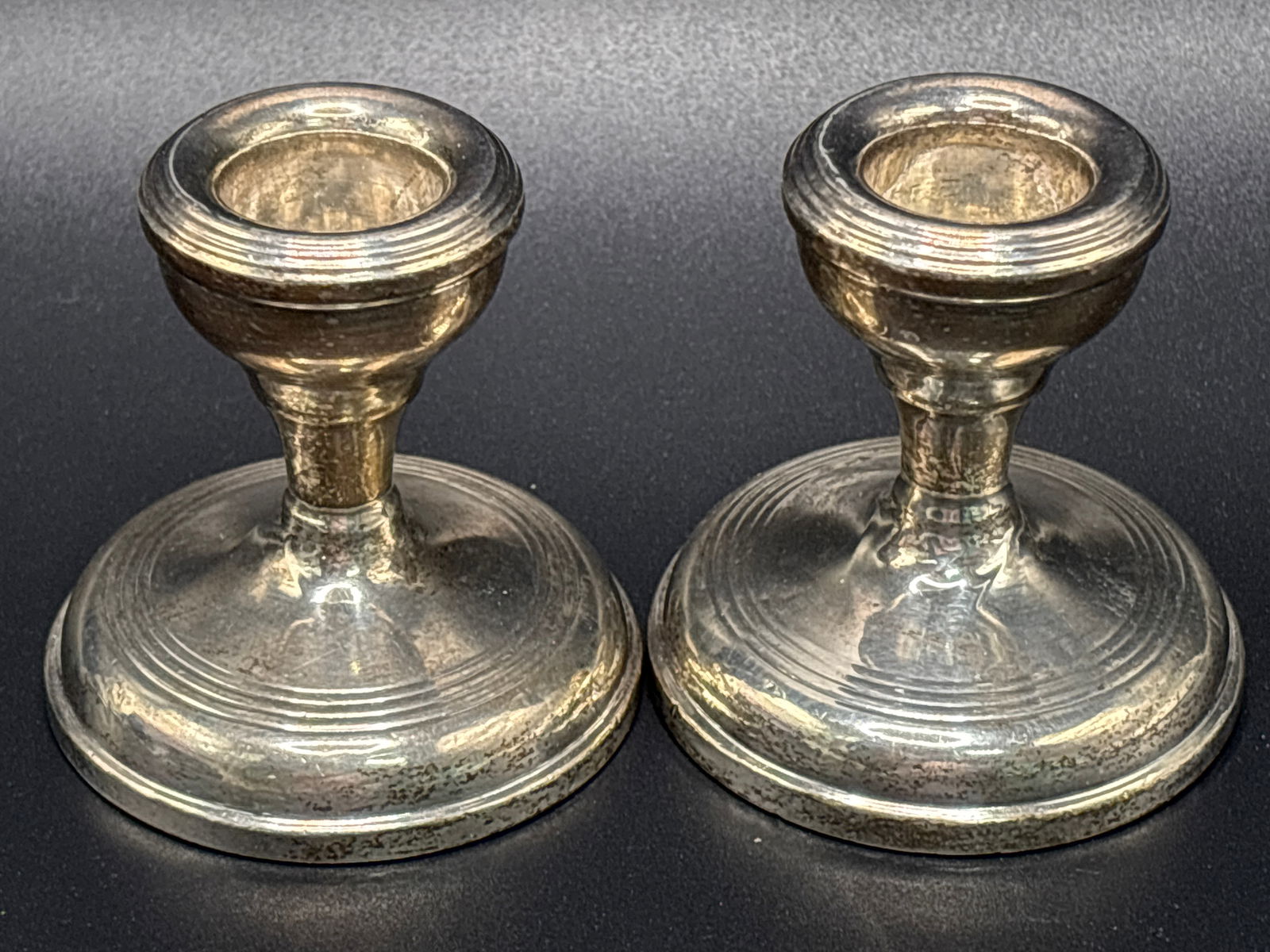 Pair antique English sterling silver weighted low candleholders; 200 grams inclusive (1 of 6)