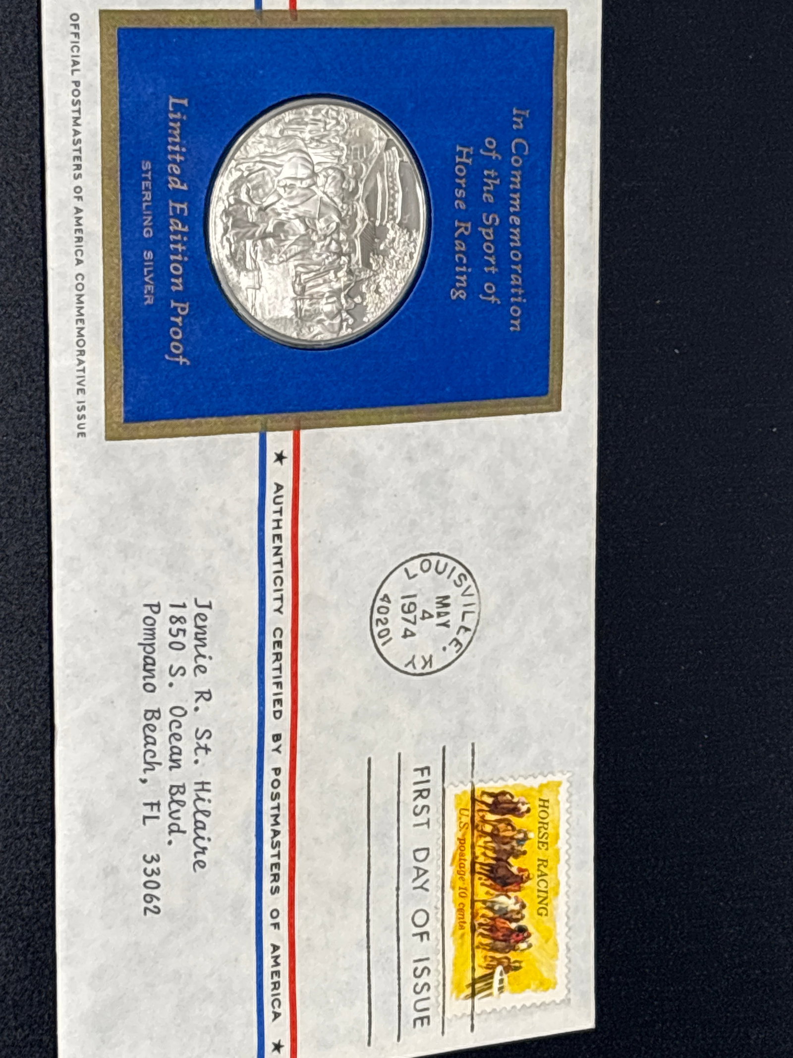 .925 silver proof Horse Racing Postmasters of America Commemorative Issue No.4: Official Postmasters of America 1974 Commemorative Issue No. 5, a limited-edition proof medal struck in sterling silver by the Franklin Mint to commemorate the Sport of Horse Racing.Key DetailsComposi