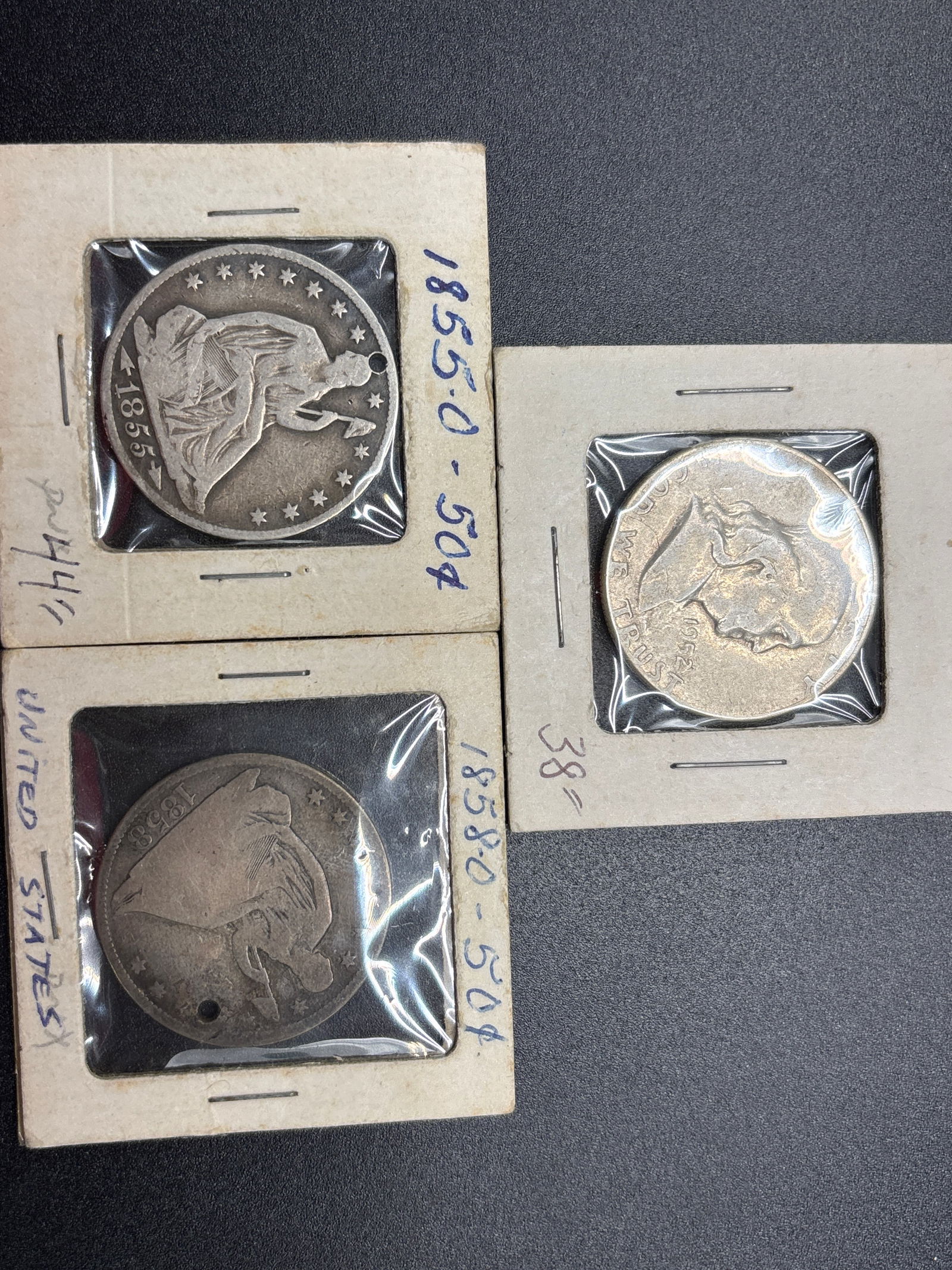 Three silver half dollars; two 1850’s seated liberty & a Franklin (1 of 7)