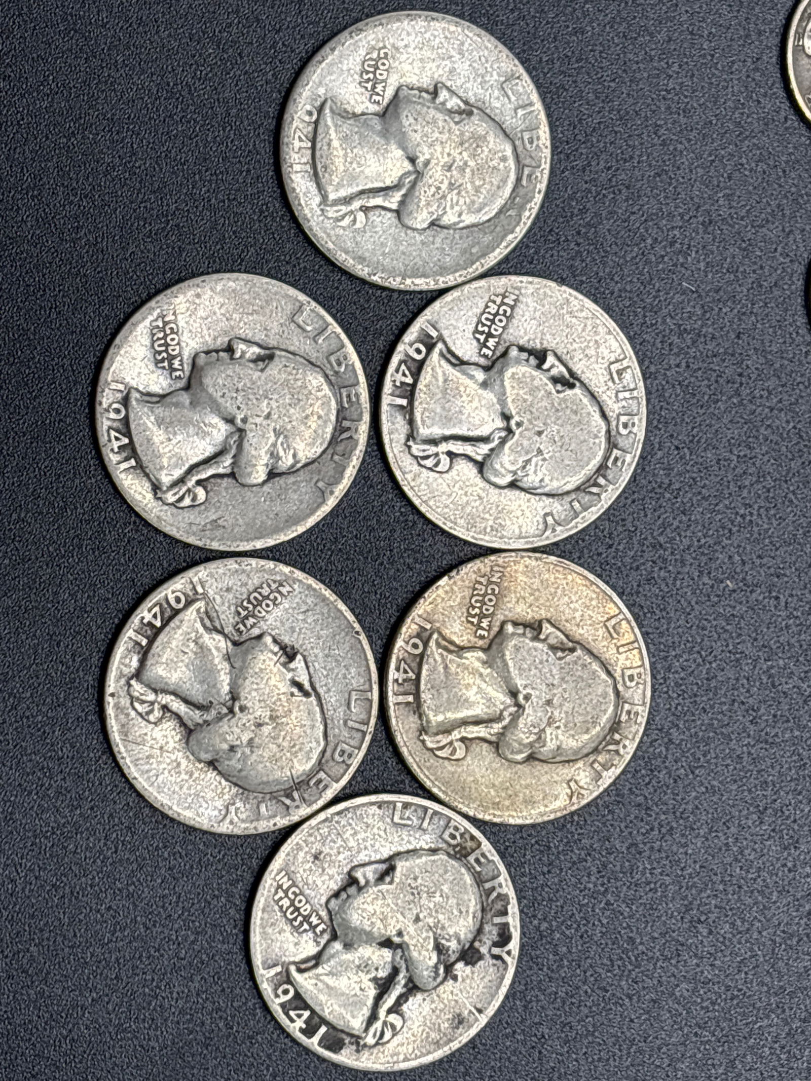 Six WWII era 1941 Washington American silver quarter dollars (1 of 4)