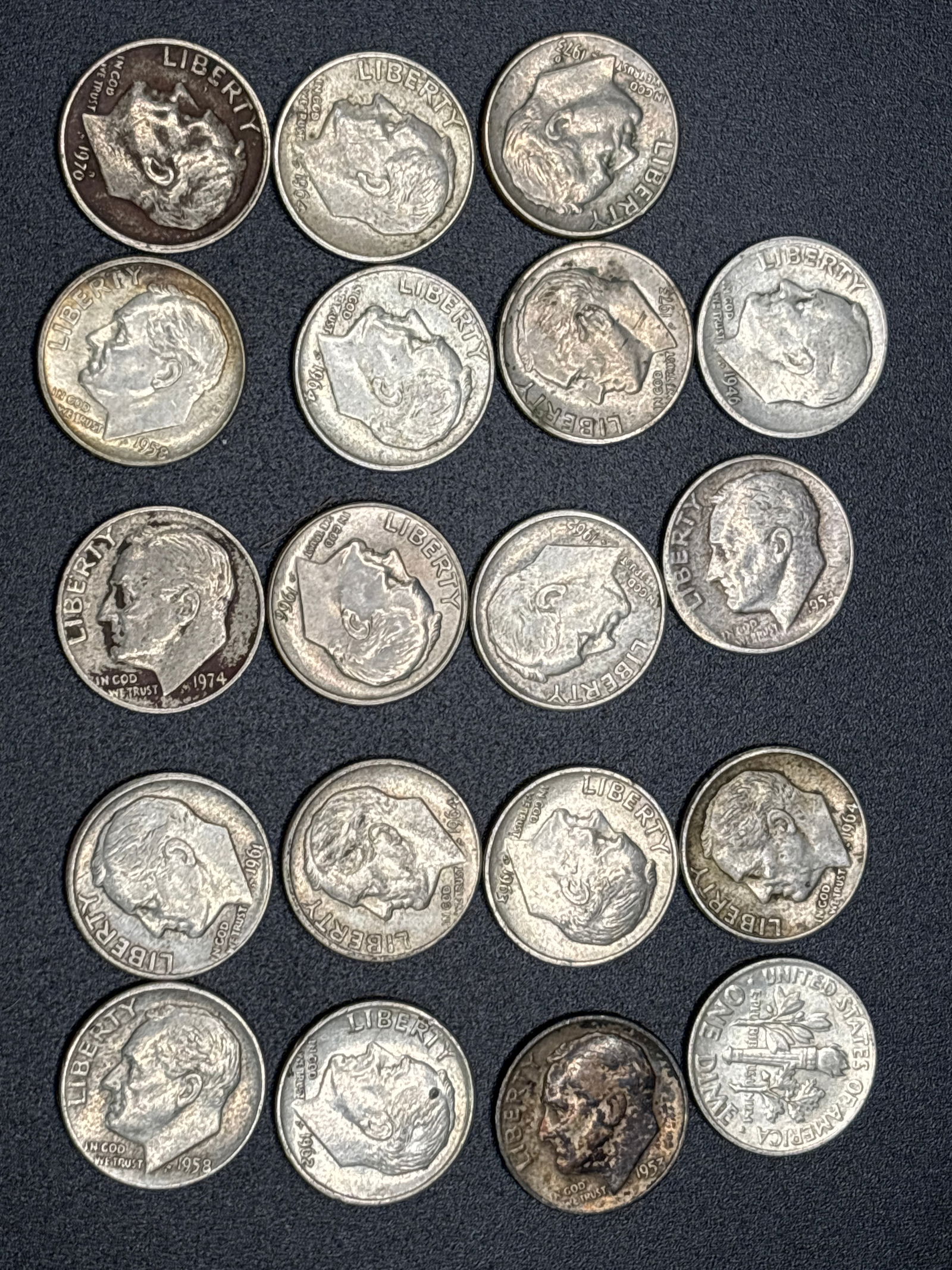 Group of nineteen early Roosevelt American silver dimes (1 of 5)