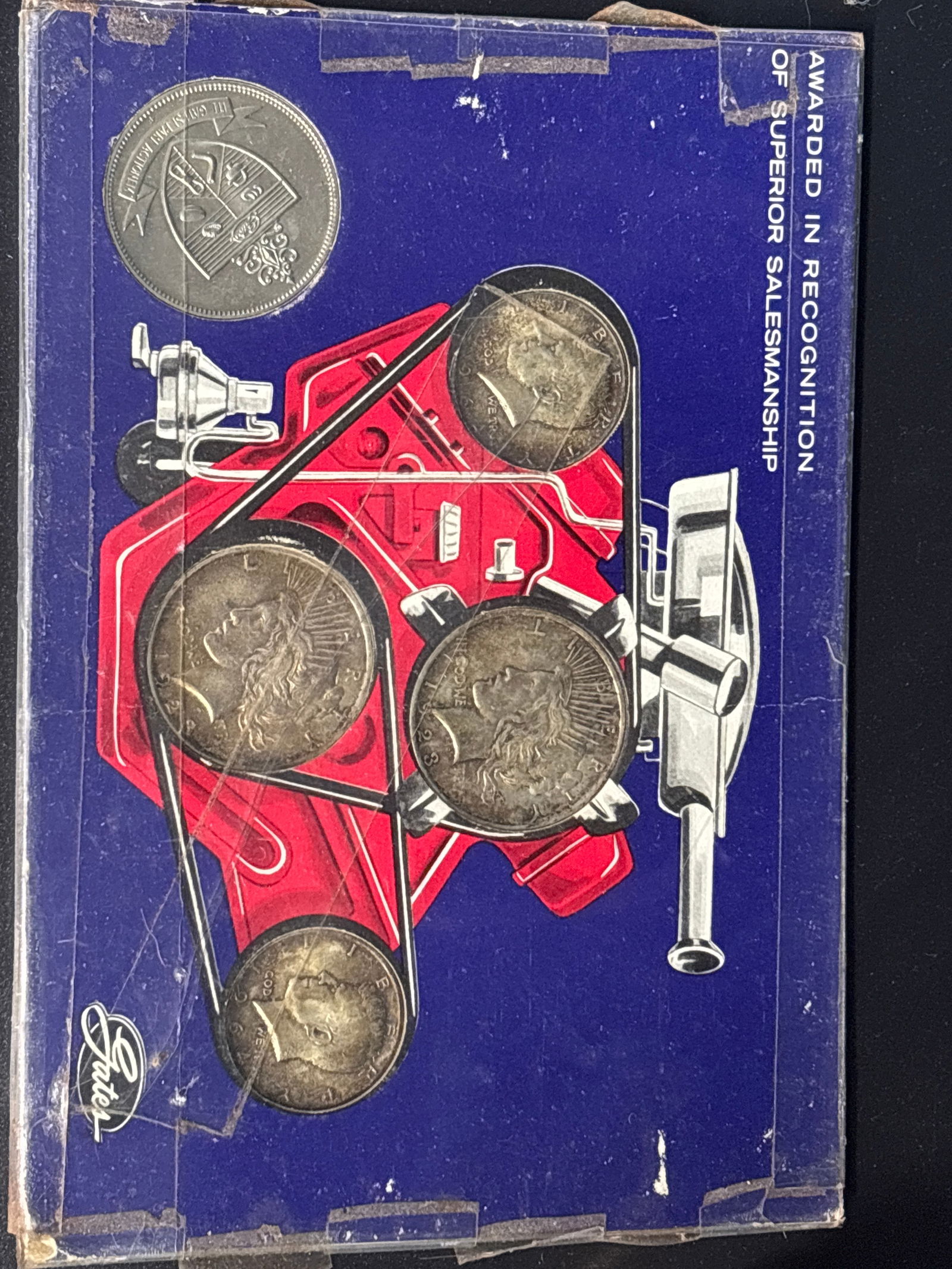 Gates Salesmanship Award; Two 1923 Peace silver dollars, two 1964 Kennedy halves & Gates coin: This vintage collectible is a "Gates Salesmanship Award" presented to employees for superior sales performance. Gates Salesmanship Award; Two 1923 Peace silver dollars, two 1964 Kennedy halves & Gates
