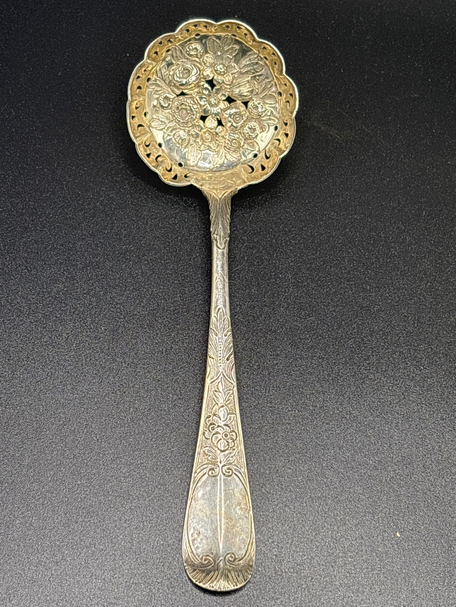 Rare circa 1750 London 7 inch English sterling silver slotted berry spoon; 57grams (1 of 10)