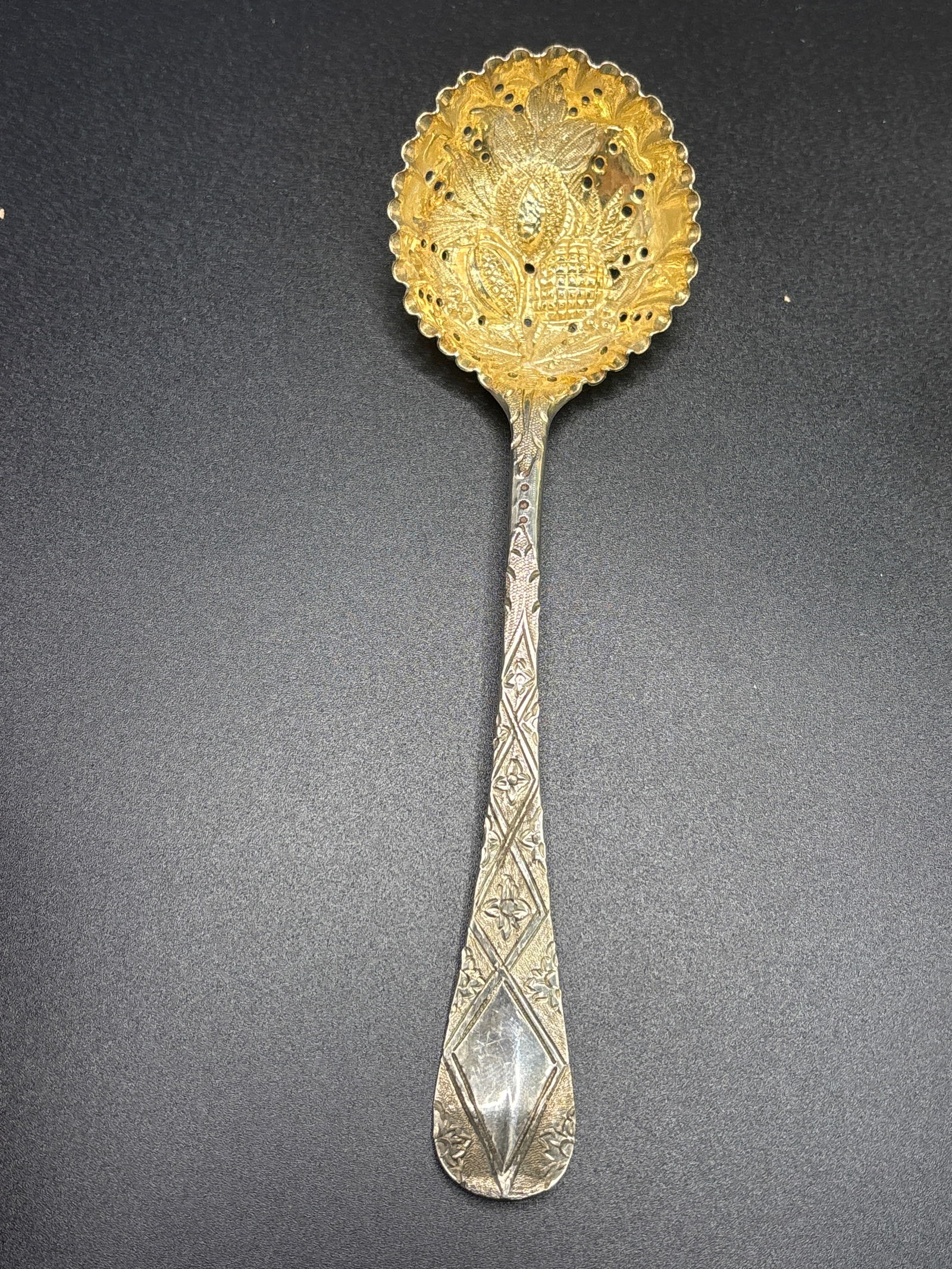 Rare circa 1774 Robert Sallam London 7.25 inch English sterling silver gilt spoon; 51grams (1 of 8)