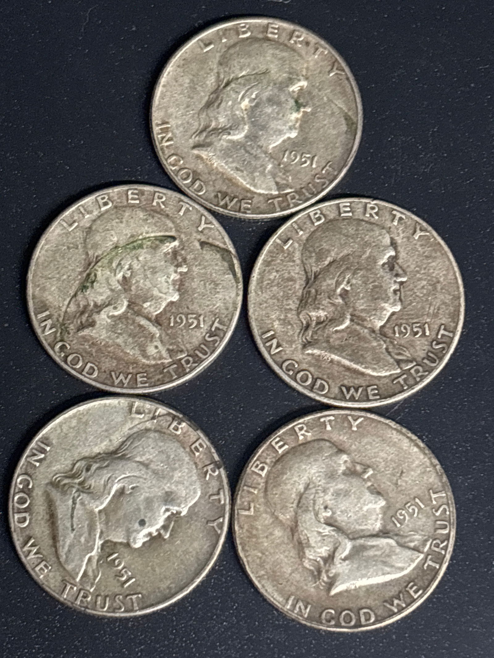 Five 1951 Franklin United States silver Half Dollars (1 of 5)